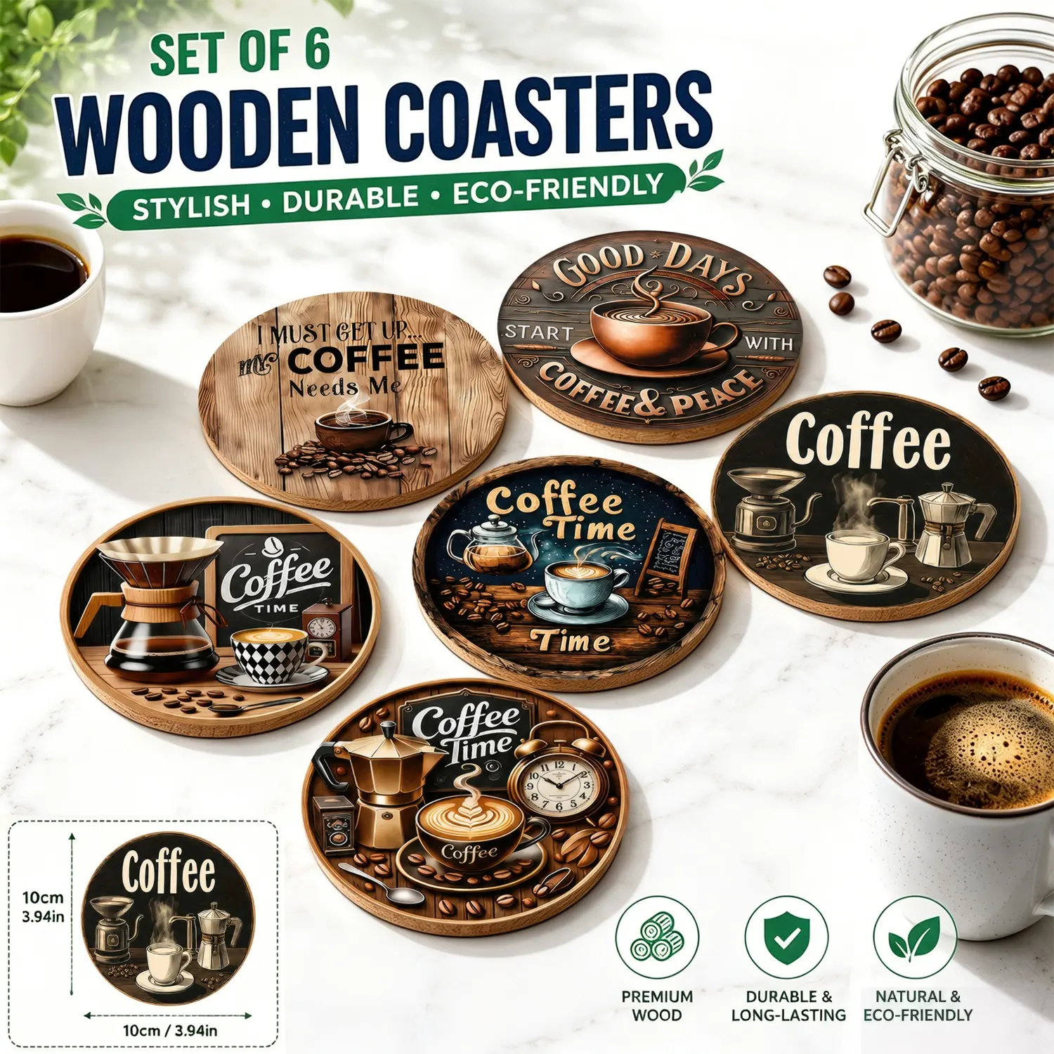 🔥 TikTok Made Me Buy It! 6PCS Viral Wood Coaster Set Coffee Coasters | Wooden Rustic Coffee Time Design | Must-Have for Coffee Station | Trending Coffee Bar Decor | Gift for Coffee Lovers