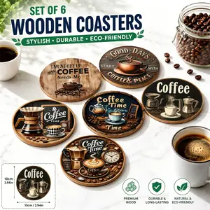 🔥 TikTok Made Me Buy It! 6PCS Viral Coffee Coasters | Wooden Rustic Coffee Time Design | Must-Have for Coffee Station | Trending Coffee Bar Decor | Gift for Coffee Lovers