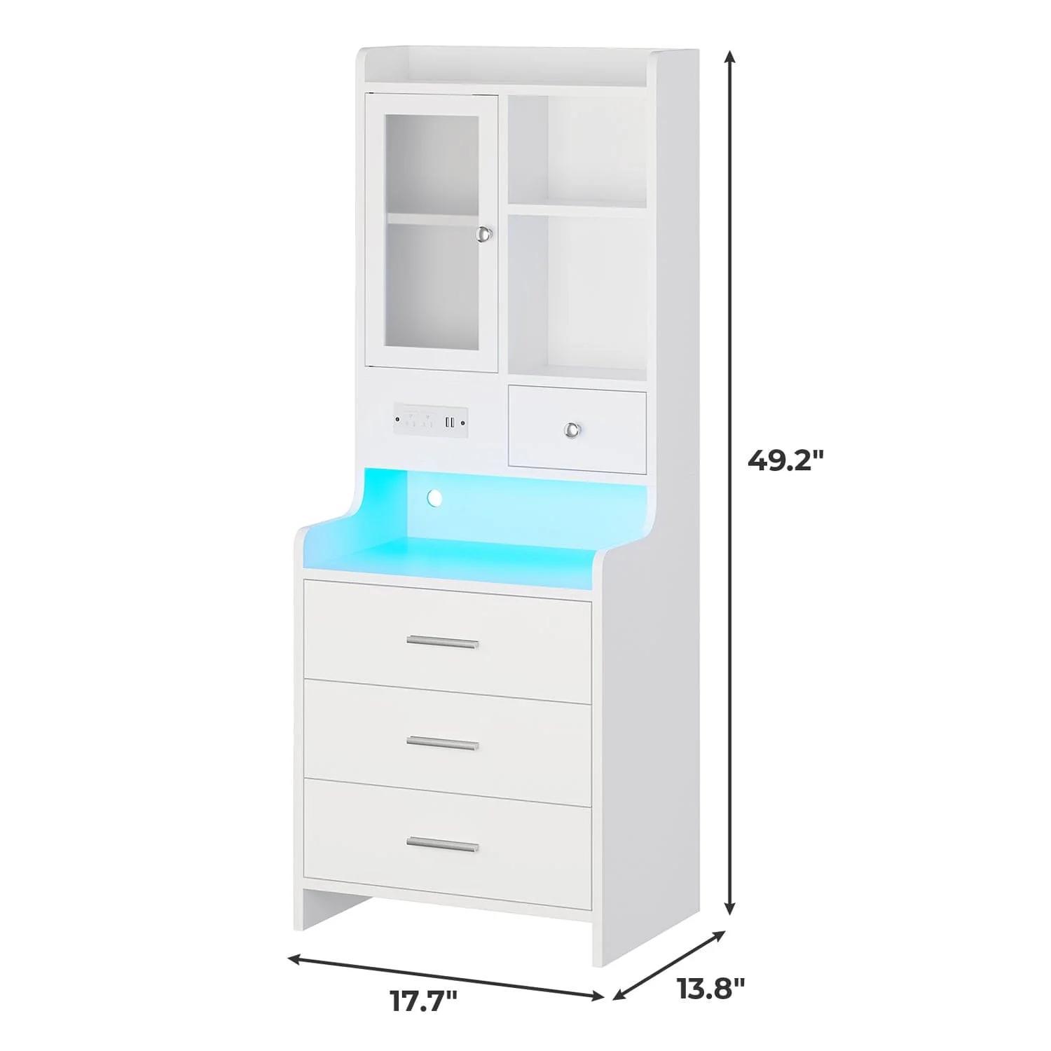 Sikaic LED Tall Nightstand with Glass Door Storage White Modern Accent Tables Modern Furniture Bedside Cabinet