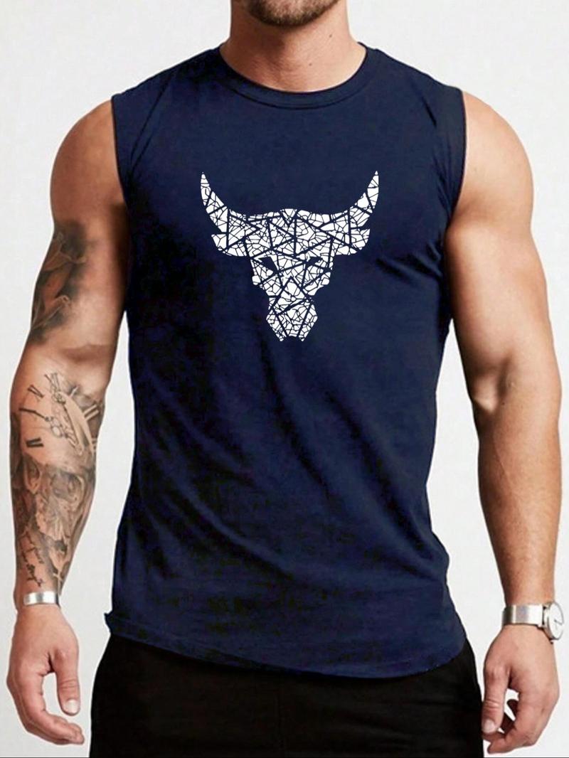 Men's  Bull Head Print Round Neck Tank Top, Casual Quick Drying Breathable Sleeveless Top, Athletic Workout Clothing for Gym Workout Running, Men's Clothes for Summer