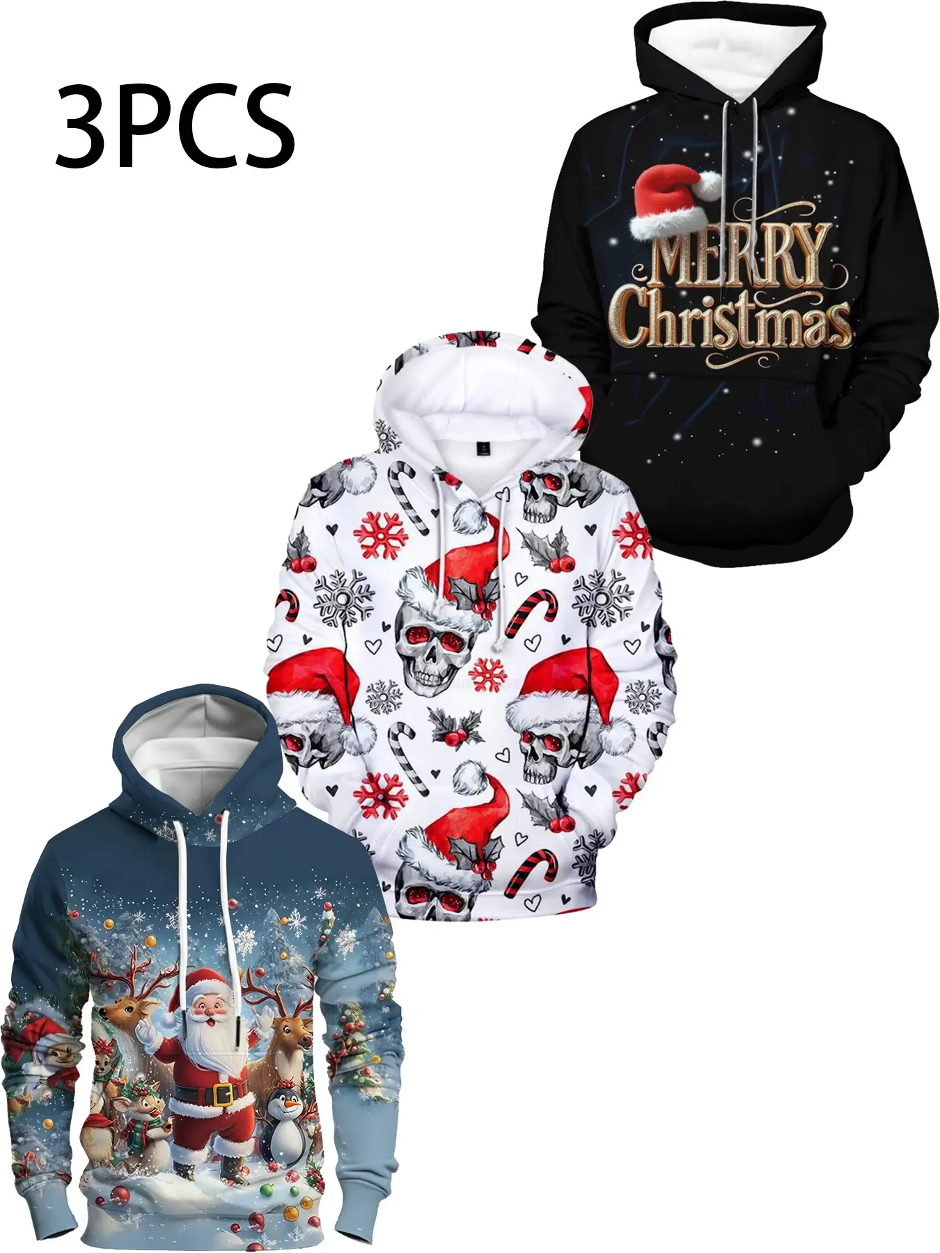 3-Pack Men's Christmas Hoodies, Merry Letter, Santa Claus Print, Casual Long Sleeve Sweatshirts, Comfortable and Versatile