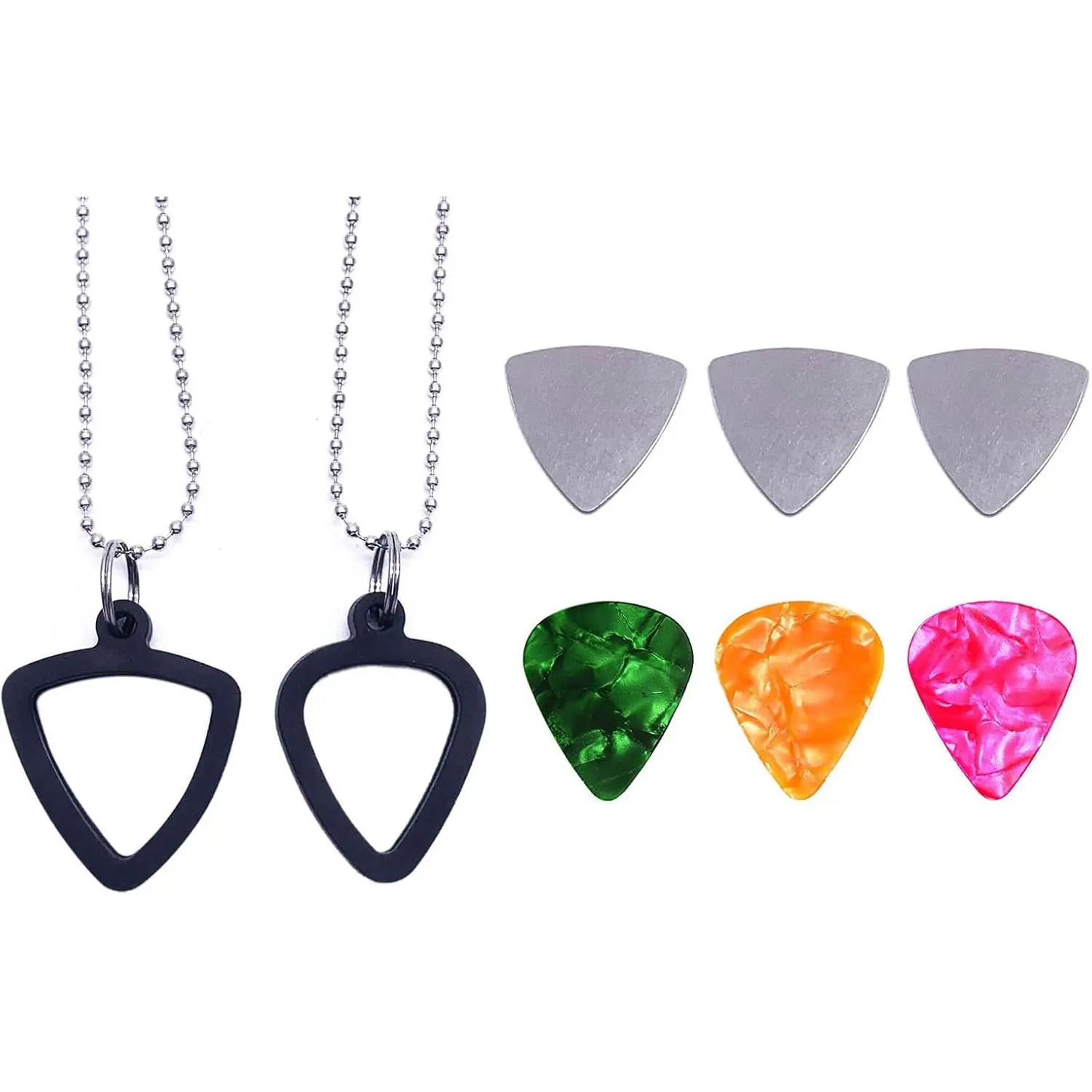 2 Set Guitar Pick Holder Necklace with 3pcs Stainless Steel Picks 3 Colorful Celluloid Pick  Electric Guitar Bass Ukulele Guitarists Picks Storage Necklace