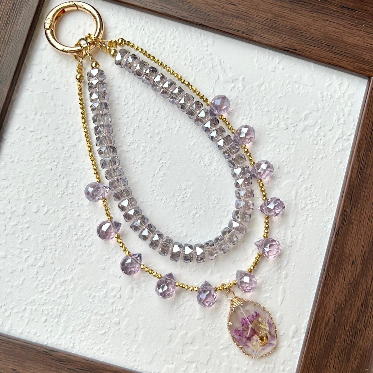Exquisite handmade purple crystal phone chain, high-end niche wrist accessory, beaded phone case strap, crossbody strap