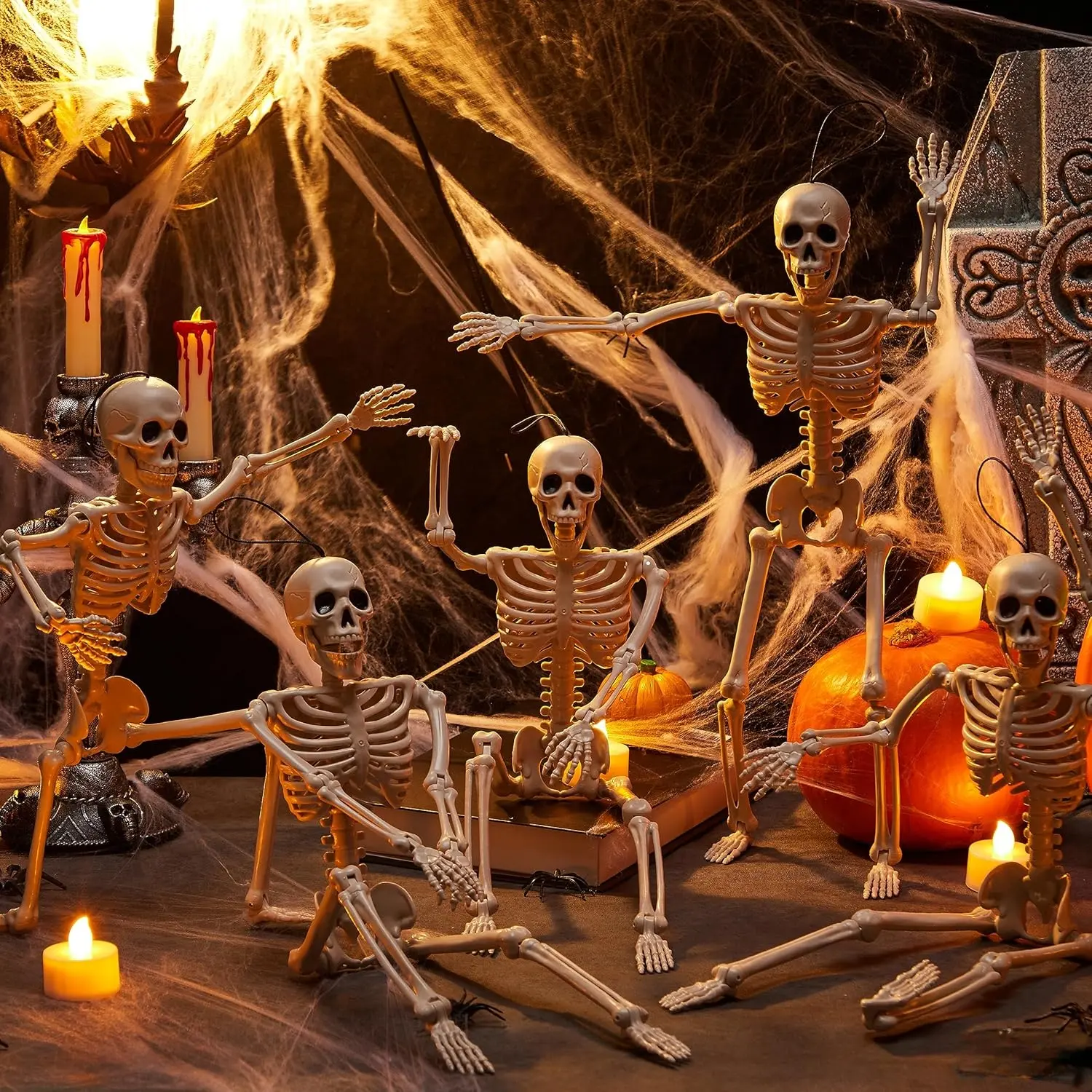 5 PCS Posable Halloween Skeleton Decor 16 Inches Full Body Posable Joints Hanging Skeletons for Halloween Decorations, Graveyard Props, Haunted House Accessories, Spooky Scene Party Favors