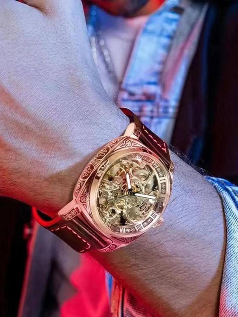 Business Fashion Round Dial Leather Strap Analog Mechanical Watch, Vintage All-match Buckle Automatic Wristwatch for Gift, Luminous Spring Pointer Design Watch with Box, Skeleton Watches, National Day Offers
