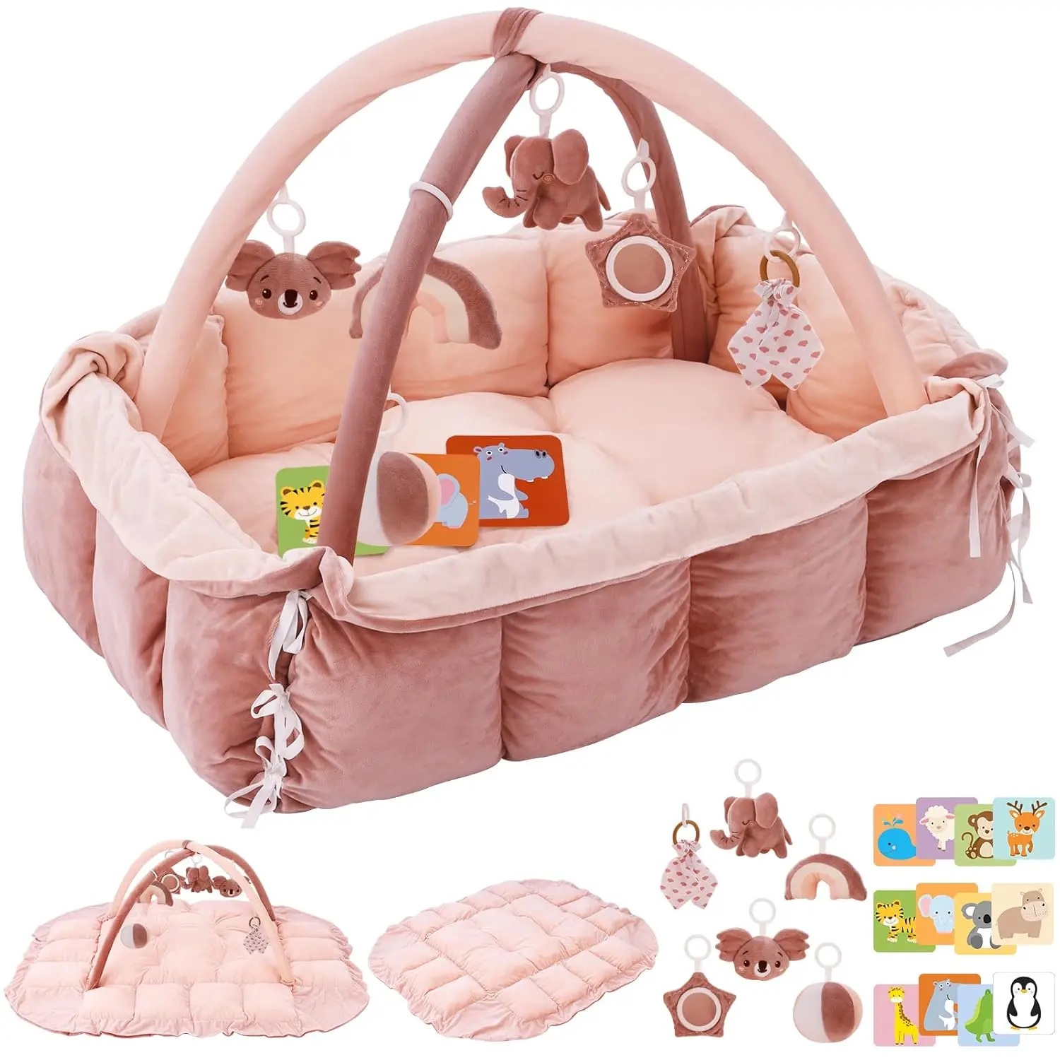 5-in-1 Plush Baby Play Gym, Baby Play Mats, Convertible Baby Gym, Tummy time mat, 6 Sensory Toys, Activity Center, Ball Pit, Pink mat baby gym