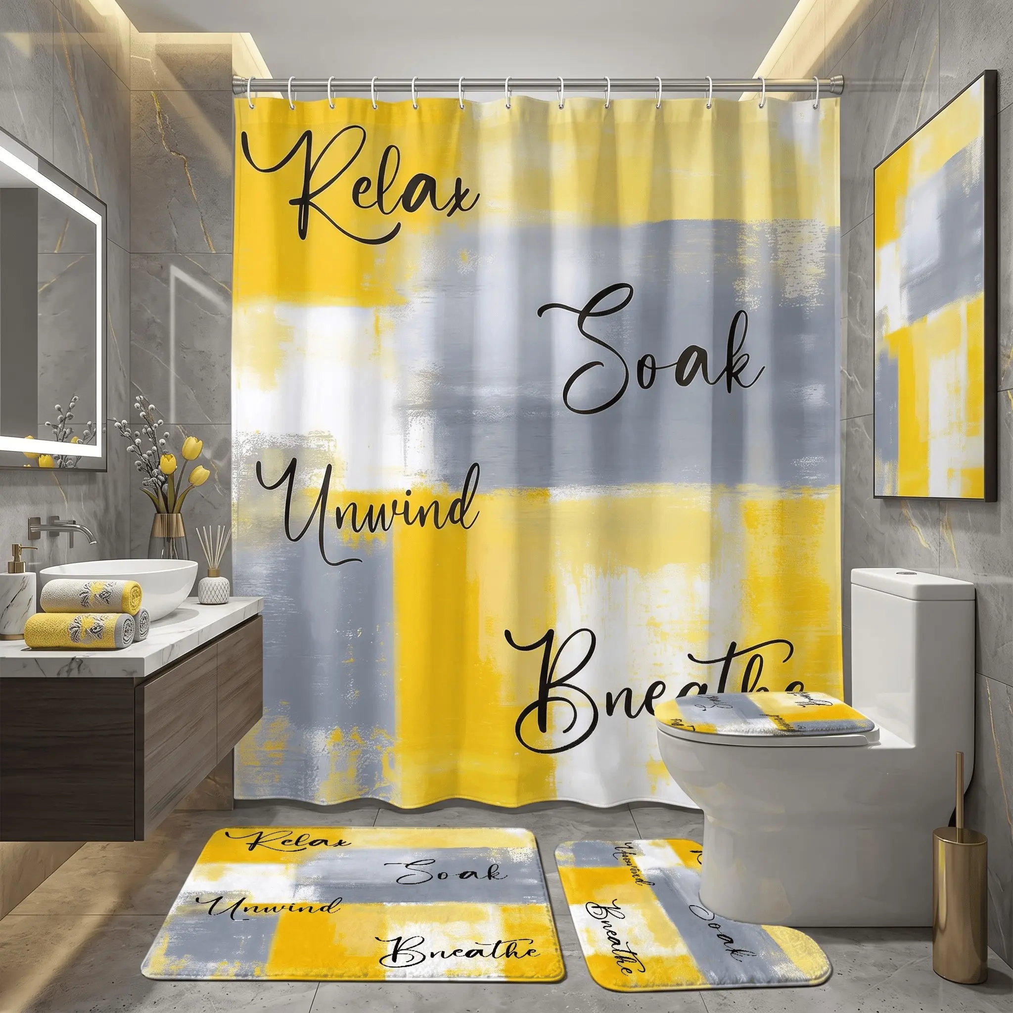 4pcs Modern Bath Shower Curtain Set, Floral Pattern, Non-Slip Rugs, Toilet Lid Cover, Towel Mat Set, RV Bathroom Decor, Bathroom Set With Shower Curtain The floor mat fabric is thicker and softer!