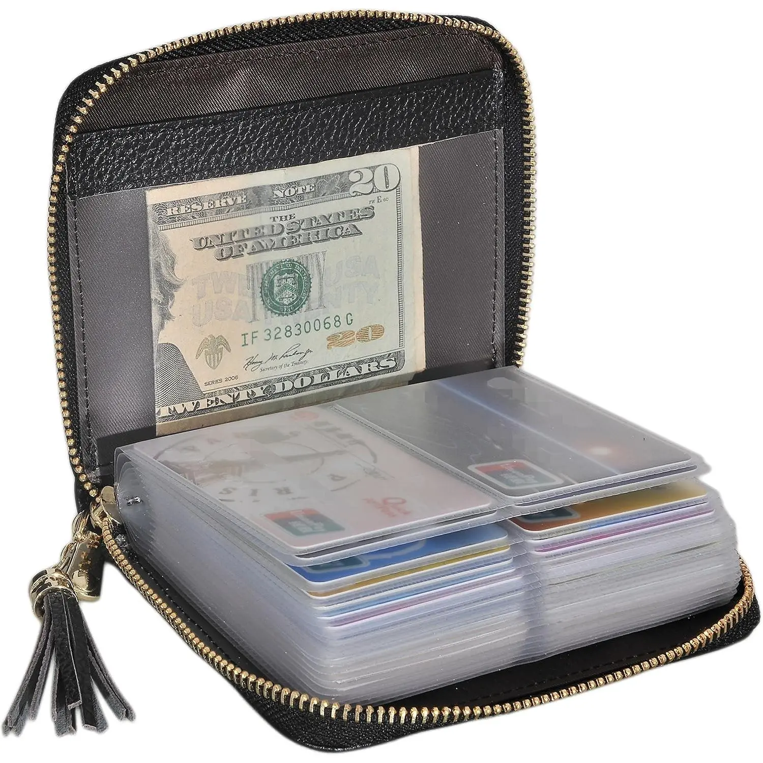 Womens Credit Card Holder Wallet Zip Leather Card Case RFID Blocking (Black)