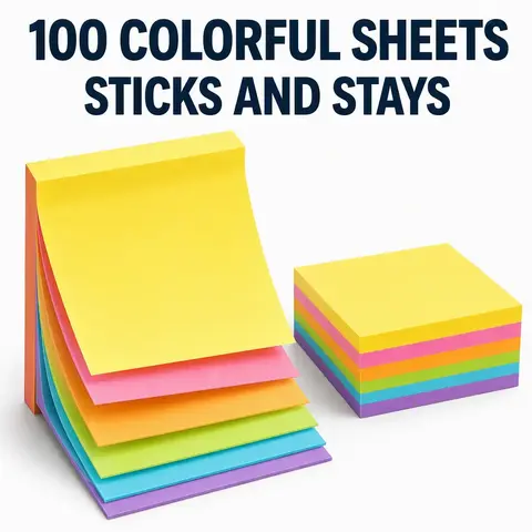 Colorful Self-Adhesive Sticky Notes Set, 100 Square Sheets, Ideal for Home, School and Office Use, Practical Office Supplies