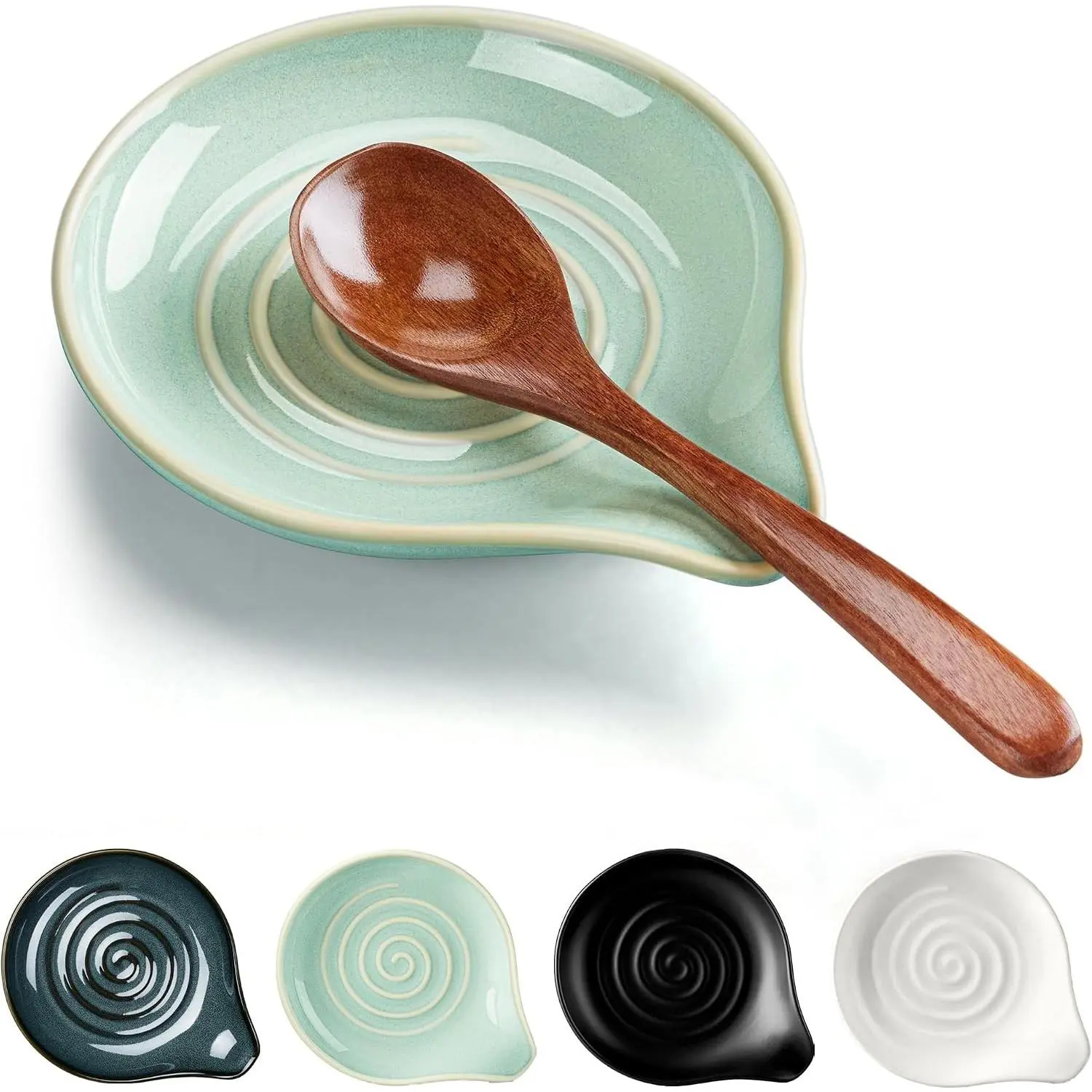 5.1" Ceramic Spoon Rest for Stove Top, Heat-Resistant Kitchen Utensil Holder for Coffee Spoons & Spatulas, Sage Green Cooking Utensil Rest for Kitchen Counter Decor