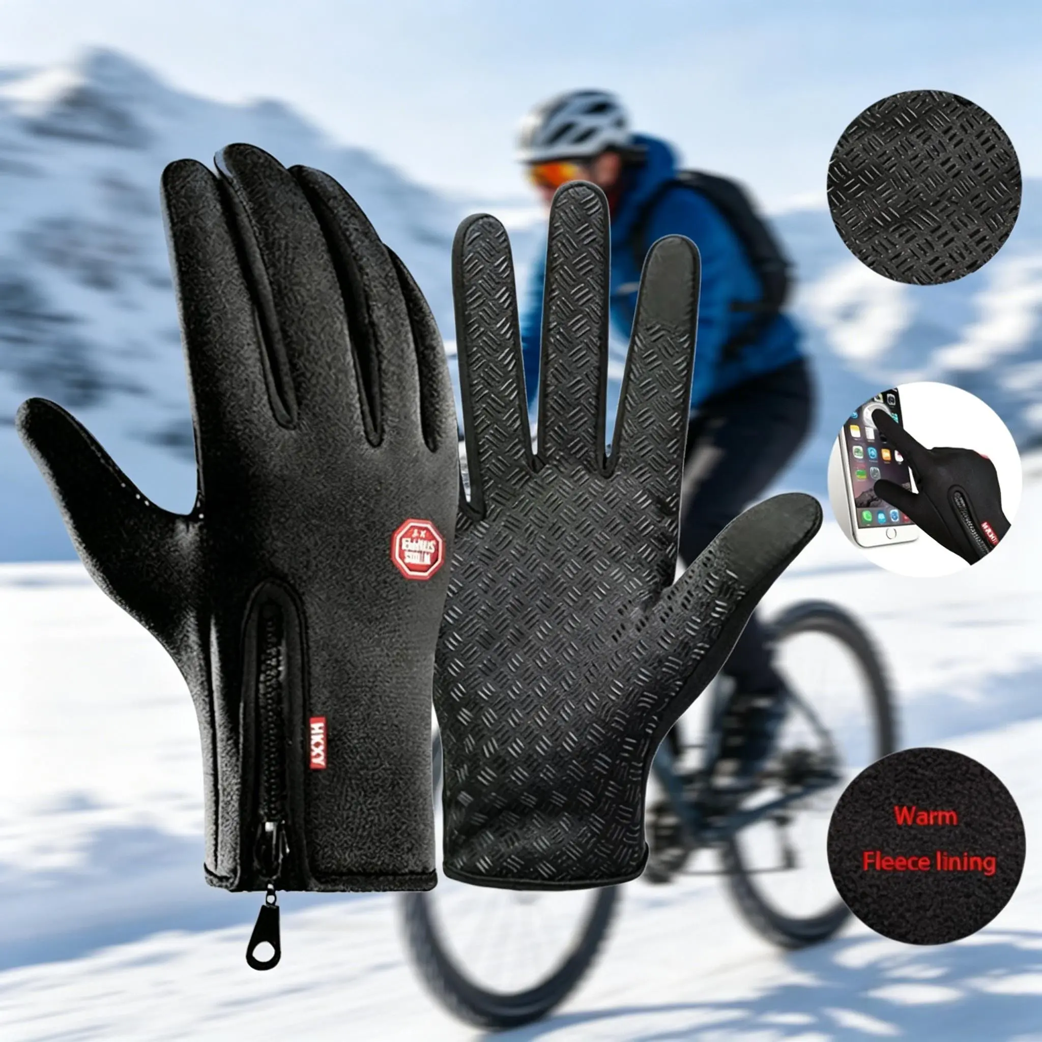 Winter Warm Gloves, Adjustable Zipper Windproof Waterproof, Touchscreen Non-Slip, Outdoor Cycling Hiking Fishing Running, Christmas Gift
