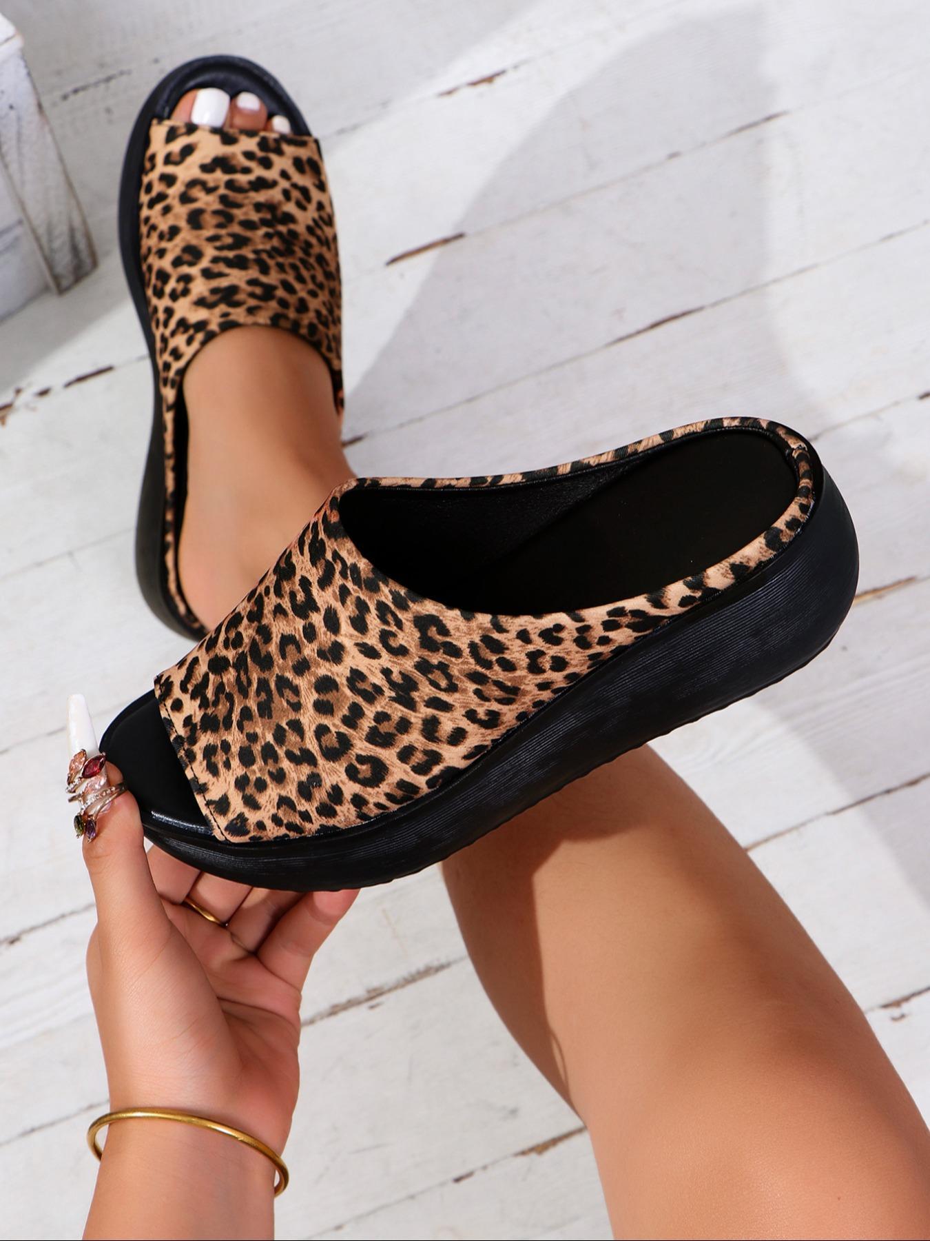 Women's Fashion Leopard Print Slip on Peep Toe  Wedge Sandals, Casual Comfortable Wedge Sandals for Summer, Female All-match Round Toe Sandals for Daily Wear, PU Leather Sandals