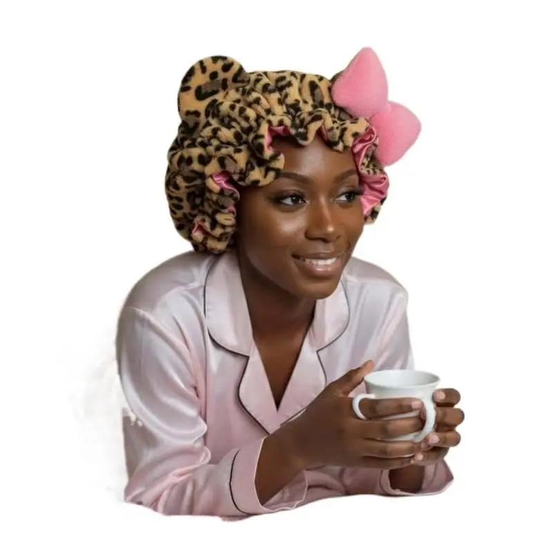 Leopard Print Plush 3D Ear Headband with Bow Tie Quick Dry Sleep Cap Unisex Soft Fluffy Hair Wrap for Skincare Shower Travel Camping Daily Relaxation