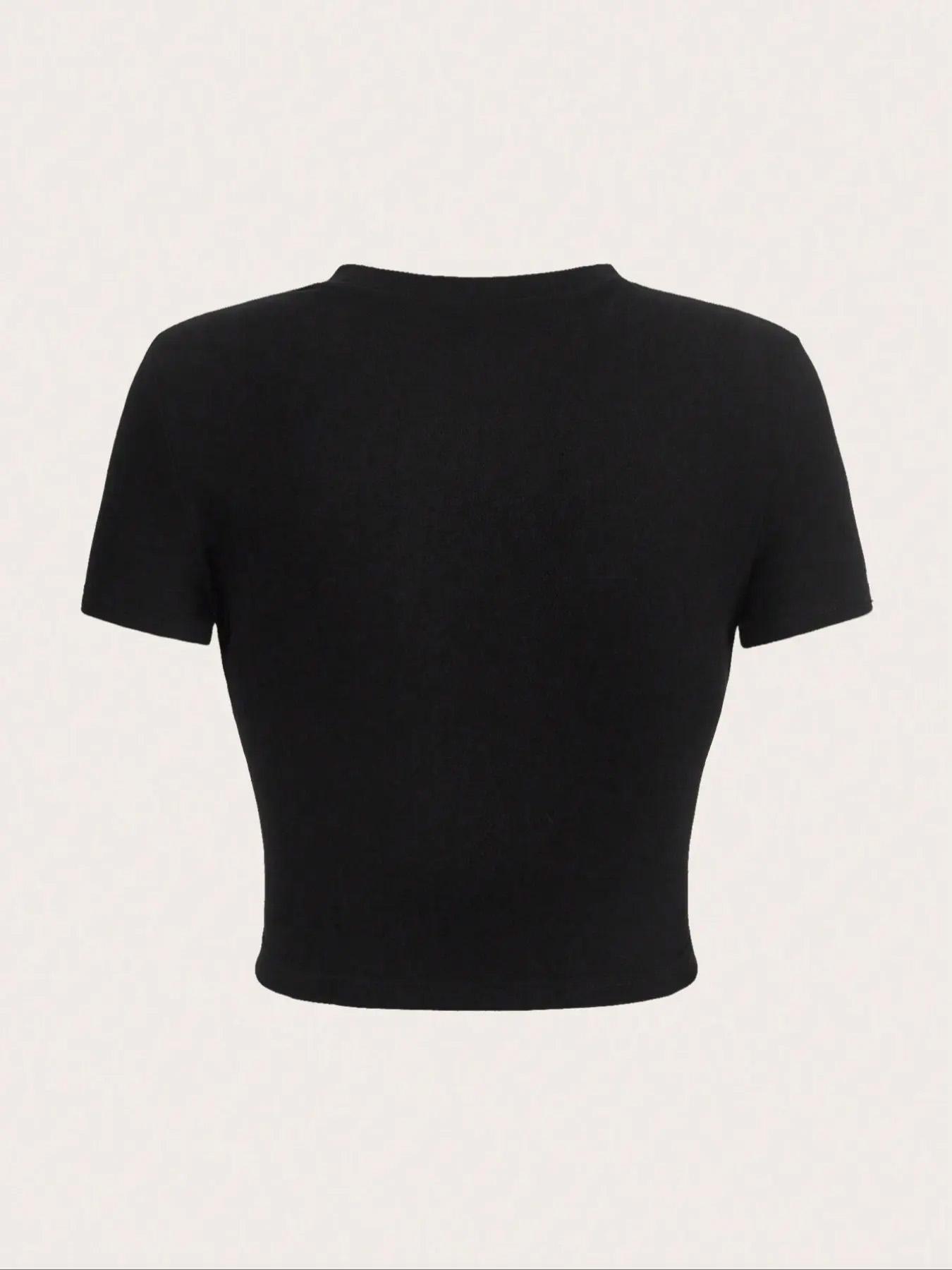 Women's Letter & Heart Print Round Neck Crop Tee, Casual Short Sleeve T-shirt, Summer Clothes, Women's Top for Daily Wear, Womenswear