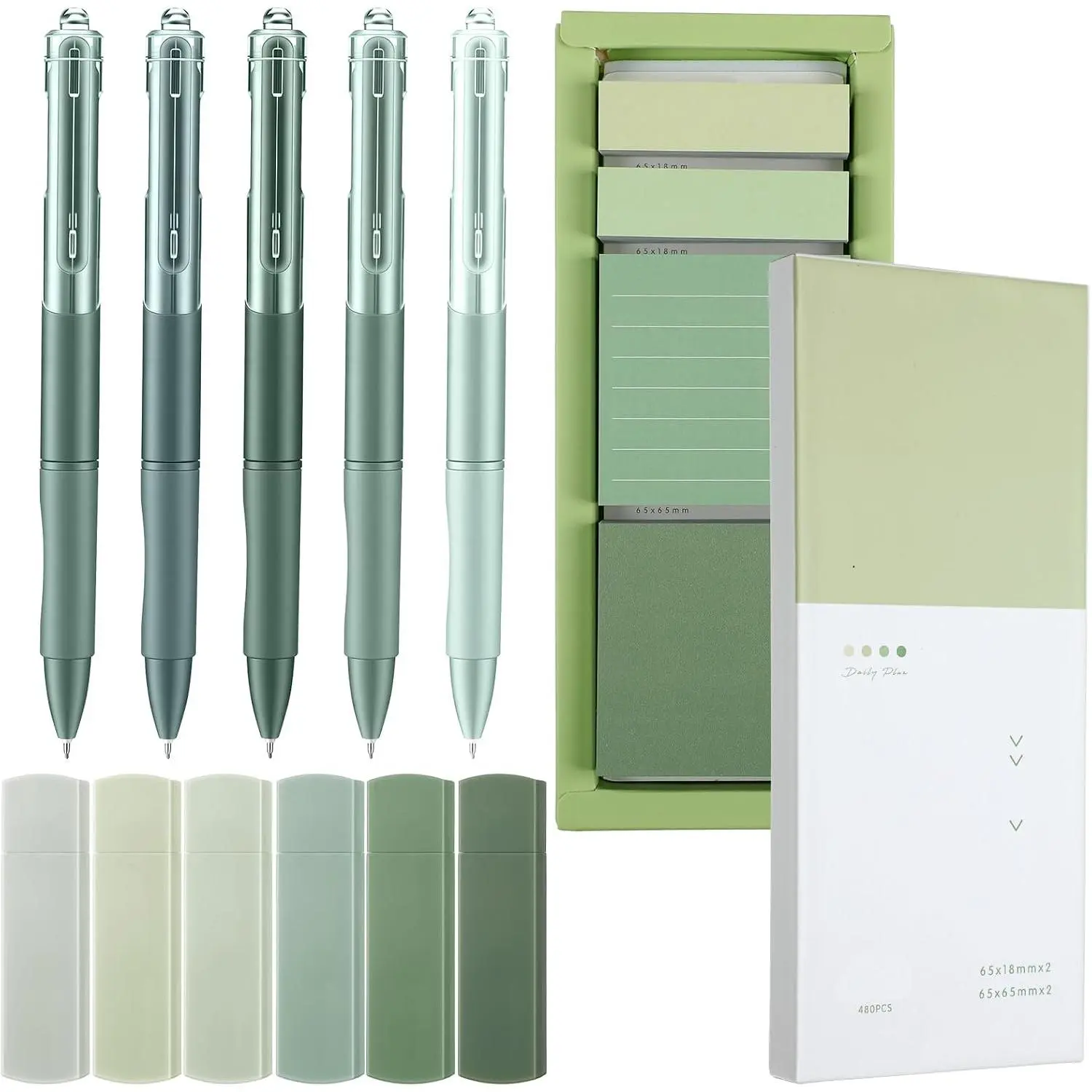Sage Green Office Desk Accessories Aesthetic School Supplies Pens Sticky Note Set 6 Mini Correction Tape 6 Retractable Black Ink Pens 0.5 mm Fine Point Pen Self Stick Index Tabs(Green)
