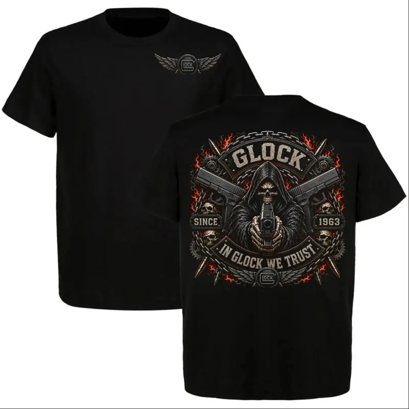 Graphic T-Shirt GLOCK "In Glock We Trust" Tee, Grim Reaper Tactical Gun Graphic Shirt, Vintage Skull Gun Lover T-Shirt, 2nd Amendment Since 1963 Patriotic USA Apparel, Tactical Gear Inspired Short Sleeve Shirt, Unisex Casual Streetwear Top for Men Women