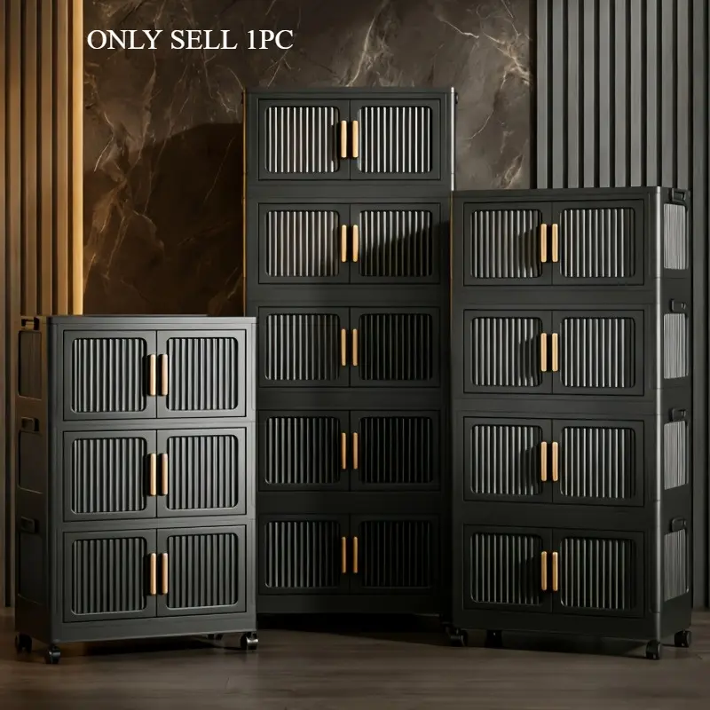 A multifunctional, large-capacity, foldable storage cabinet, requiring no tools for installation, featuring a magnetic door and a wheeled storage box, moisture-proof and dust-proof, with 3/4/5/6 layers of stackable and organized cabinets