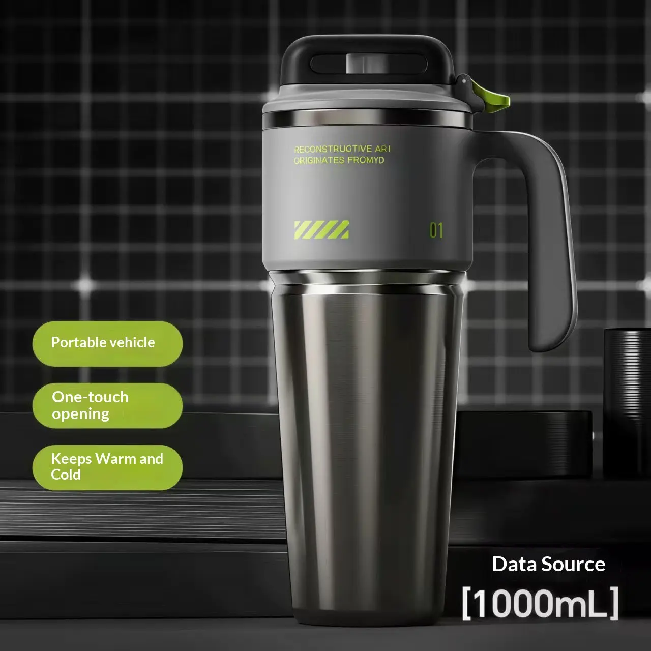 Cyber 1000ML Car Ice Cup, Stainless Steel Insulated Mug, Ergonomic Handle, Single Hand Opening, 24hr Cold Retention, Portable Travel Water Bottle