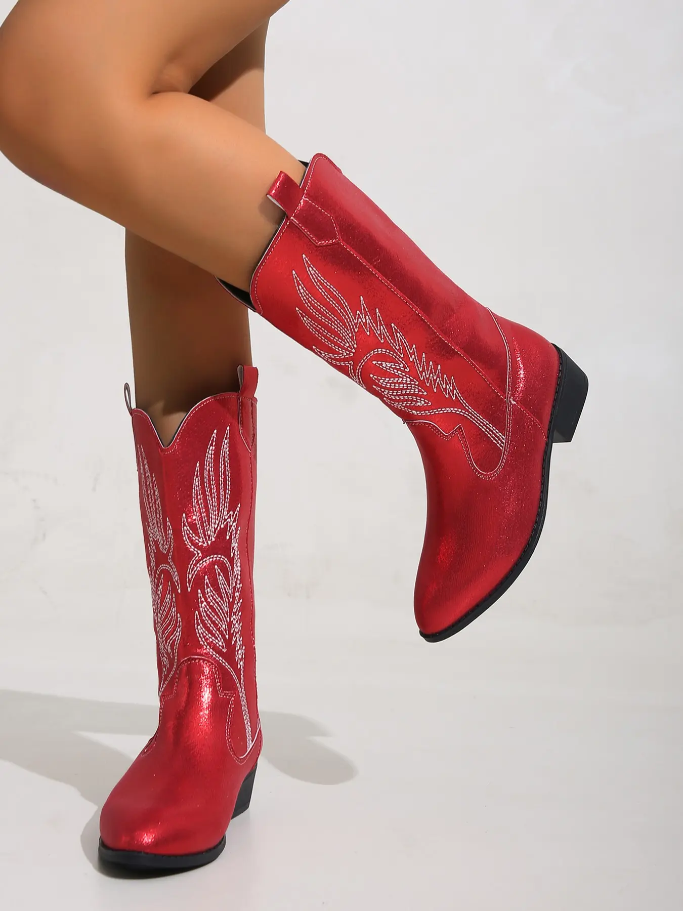 Metallic Sparkle Pointed Toe Embroidered Mid-Calf Jeans Boots, Low Block Heel, V-Shape Boot Opening, Western Style Women's Boots
