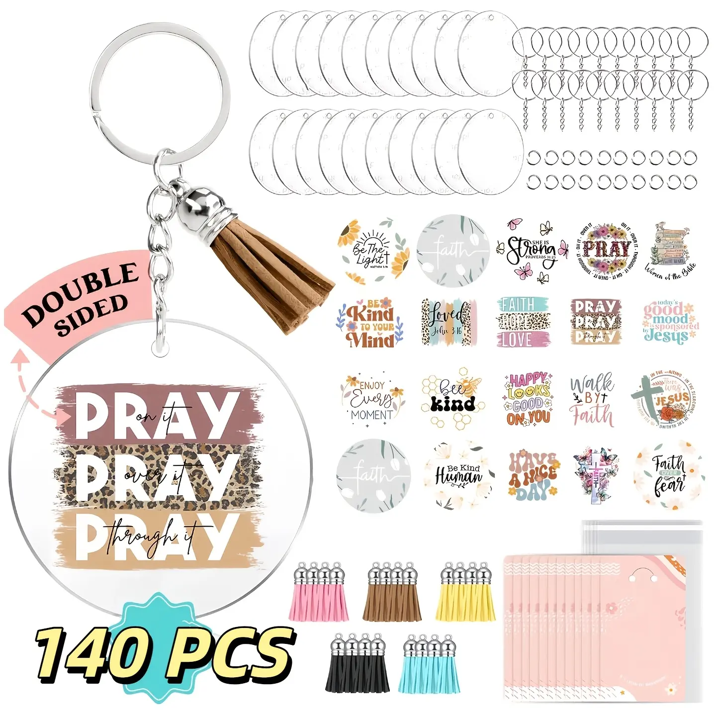 140pcs 2D Flat Acrylic Keychain Blank Set with Faith Double-Sided DTF Stickers - Decorative Keychains Making Kit for Vinyl DIY Craft Projects