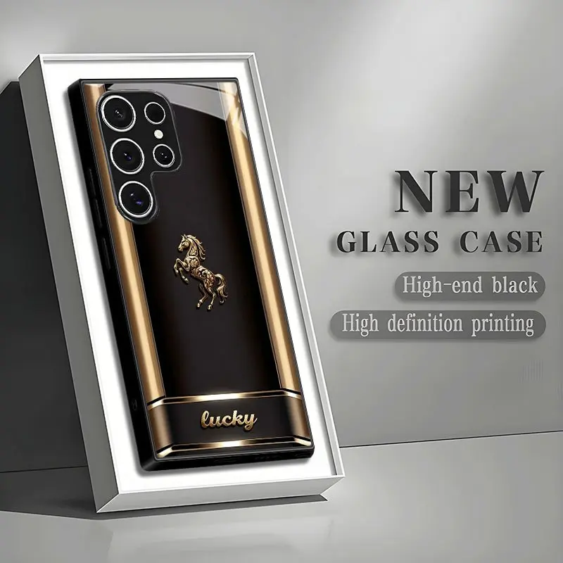 Luxury Golden Horse Black Tempered Glass Phone Case - Protective Mobile Phone Accessories for Galaxy S26 S25 S24 S23 S22Pro S21 S20 Fe Plus Ultra Pro A56 A55 A54 A53 A52 A51 A36 A35 A34 A32 A26 A25 A24 A23 A16 A15 A14 A06 A05 A03s