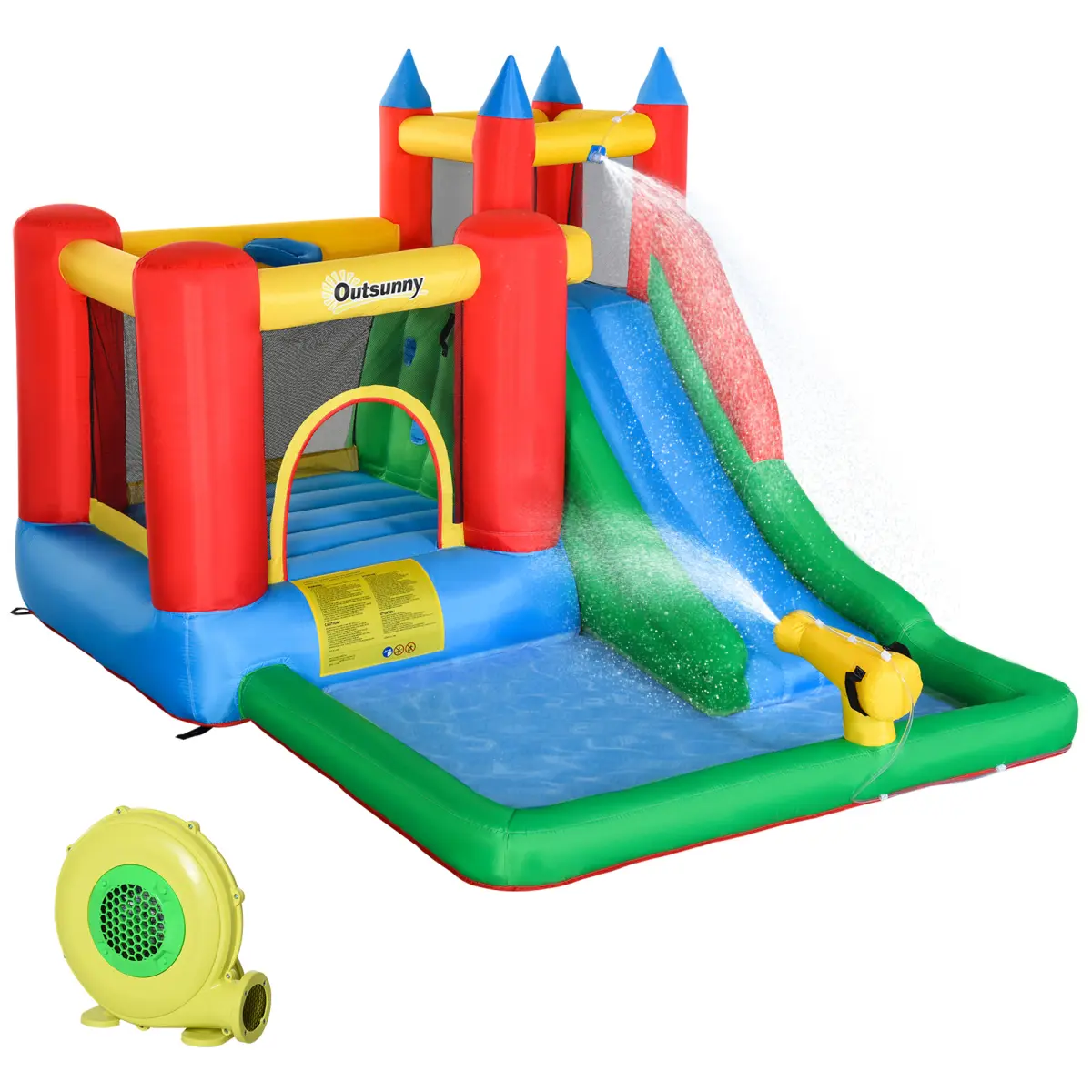AobtkelOutsunny 6-in-1 Kids Bounce House Inflatable Water Slide with Pool, Water Cannon, Climbing Wall, Inflator Included, Jumping Castle Kids Backyard Activity Outdoor Water Play Toy On-Site
