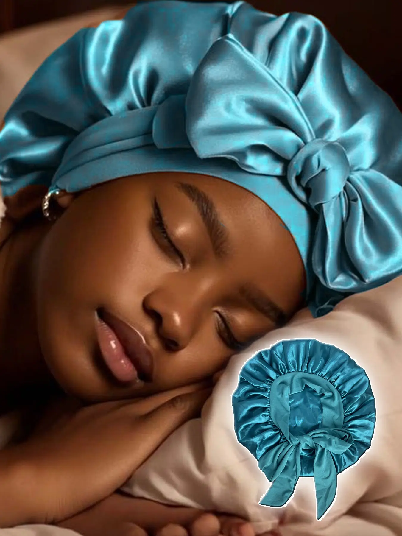 Silky Satin Sleep Bonnet for Women, Adjustable Bow Hair Bonnet with Soft Ruffle, Anti-Frizz Night Cap for Curly, Natural & Textured Hair, Comfortable Hair Protection Cover