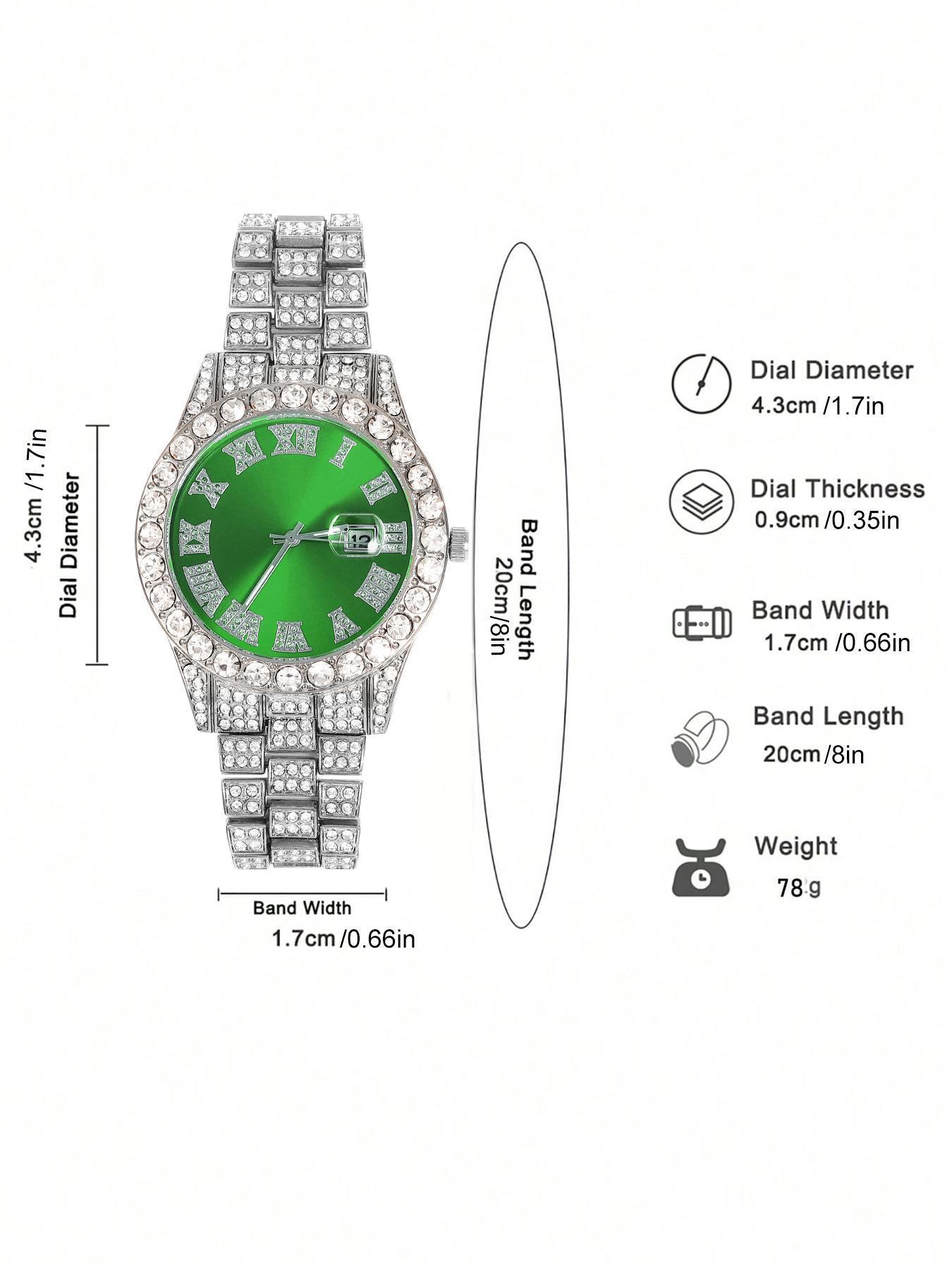 Men's Punk Style Rhinestone Decor Watch & Bracelet & Adjustable Cross Charm Necklace & Cuban Necklace, Trendy Jewelry Set, Exquisite As Gift with Box