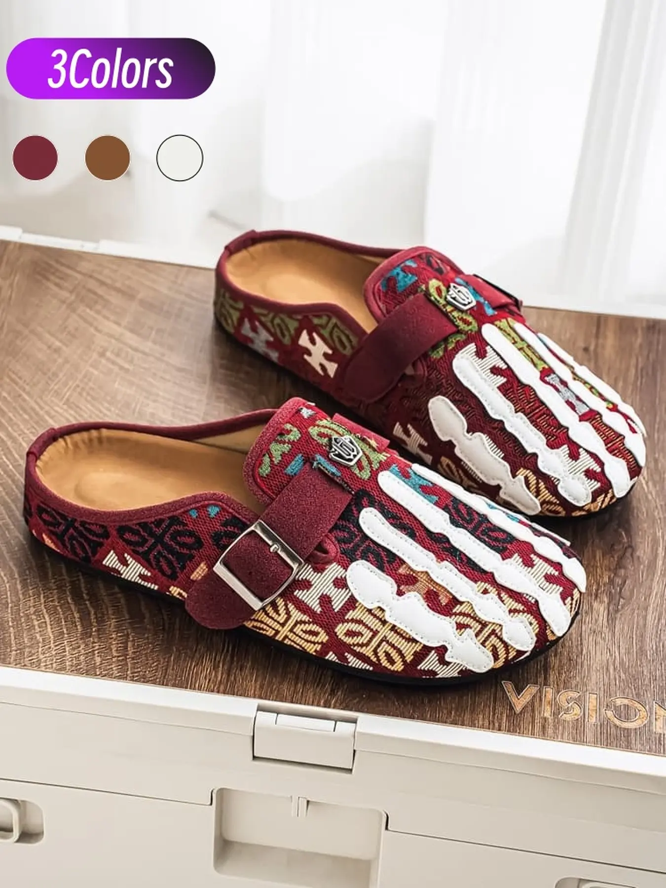 1 Pair Street Cool Mens Closed Toe Slides Skull Element Splicing Breathable Fabric Anti Slip Flat Sole For Walking Daily Outings