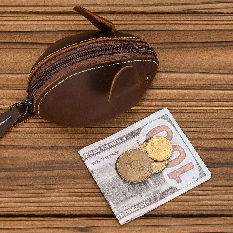 Unisex Crazy Horse Leather Card Holder & Coin Purse | Genuine Cowhide Mini Wallet, Cute Mouse Animal Design, Zipper Closure Slim Card Case, Durable Lightweight EDC Pocket Wallet for Daily Casual Use