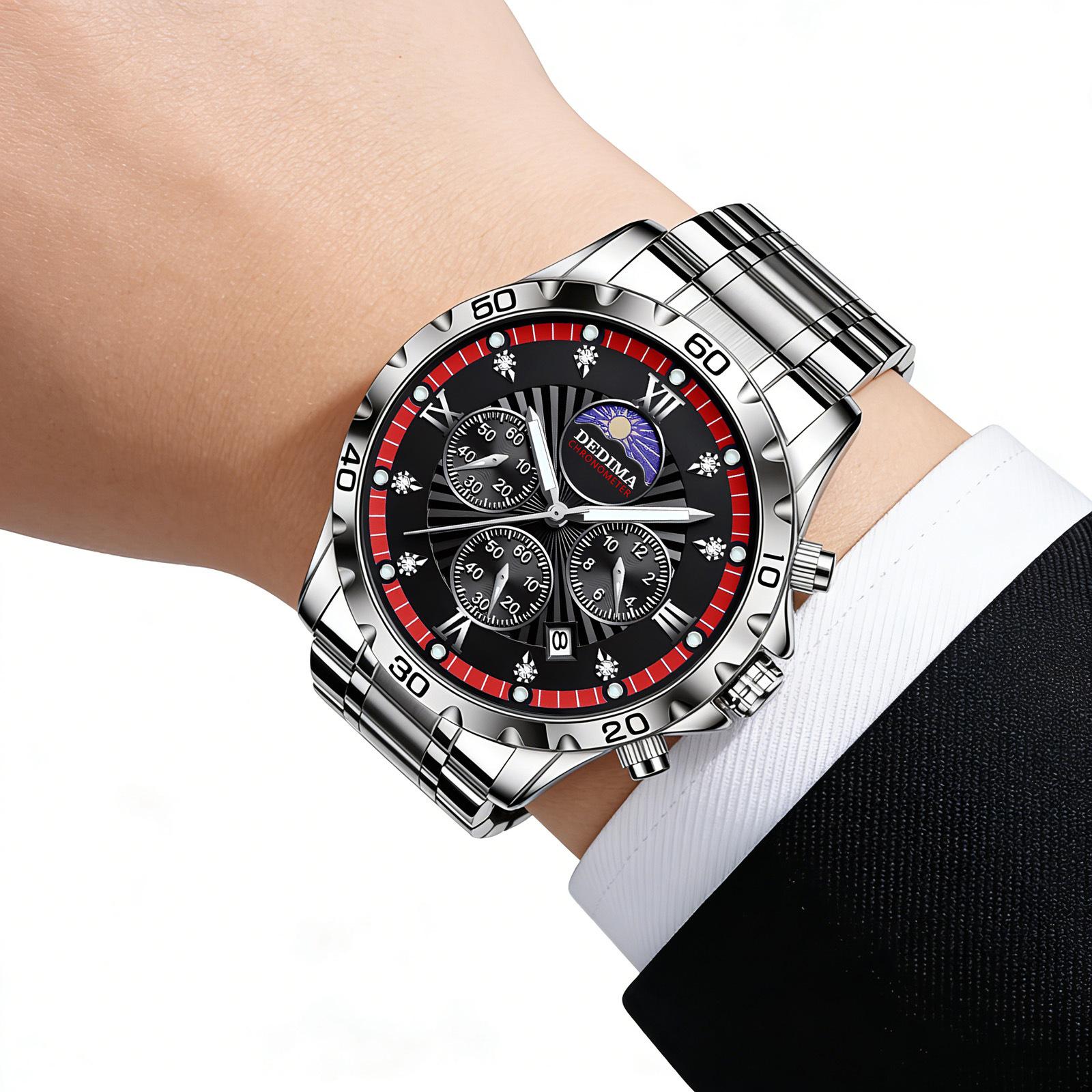 Men's Quartz Watch PE903 Movement 42mm Dial Luminous Display Calendar Moon Phase 30M Waterproof Stainless Steel Strap Business Style Hot-Selling Item