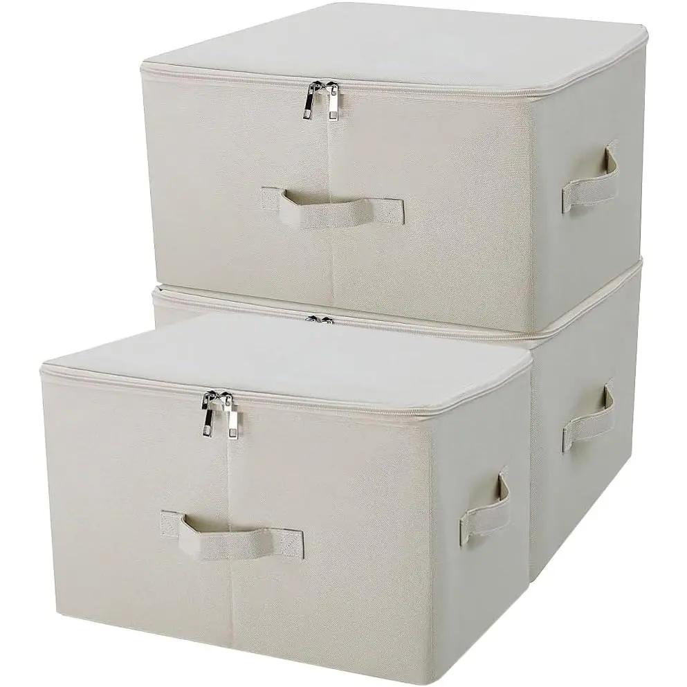 CREATE PRO 3-Pack Plastic Linen Beige Folding Storage Boxes with Zip Lid - Collapsible, Stackable Rigid Organizer Bins for Pet Clothes, Blankets