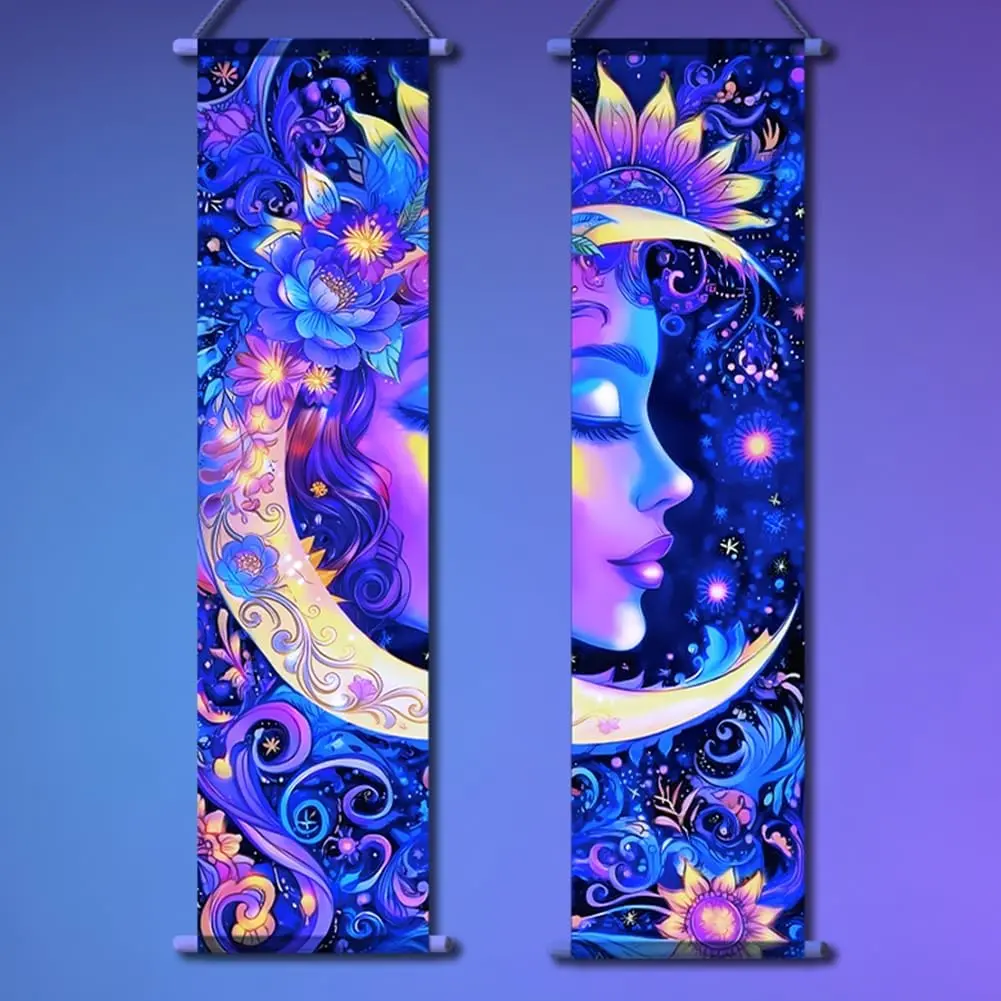 TNKBREEZE 2Pcs Blacklight Tapestry Mystery Moon Human Decorative Wall Tapestrys for Playroom Livingroom Bedroom Flowers Luminous Polyester Tapestry Set with Wood Bar Rope Hooks 51x13inch