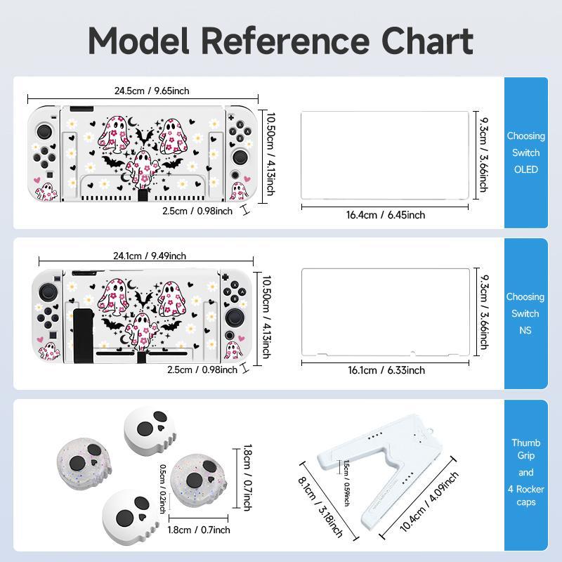 Cute Ghost Pattern Game Console Protective Case with Tempered Film & V-shaped Grip & Rocker Cap, Game Console Accessories for Switch OLED/NS/Lite