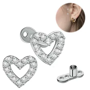 2PCS 14G Heart Cubic Zirconia Dermal Anchor Tops, 316L Surgical Titanium Steel Internally Threaded Microdermal Piercing Studs, Hypoallergenic Shiny CZ Surface Body Piercing Jewelry for Men Women