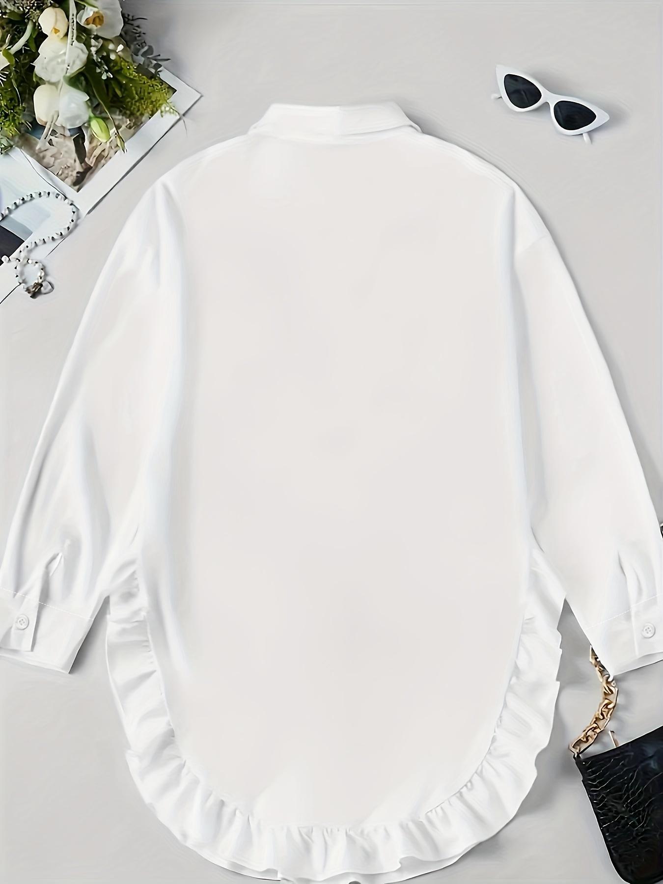 Women's Plain Ruffle Trim Button Front Blouse Shirts, Casual Long Sleeve Collared Top for Daily Wear, Ladies Clothes for All Seasons