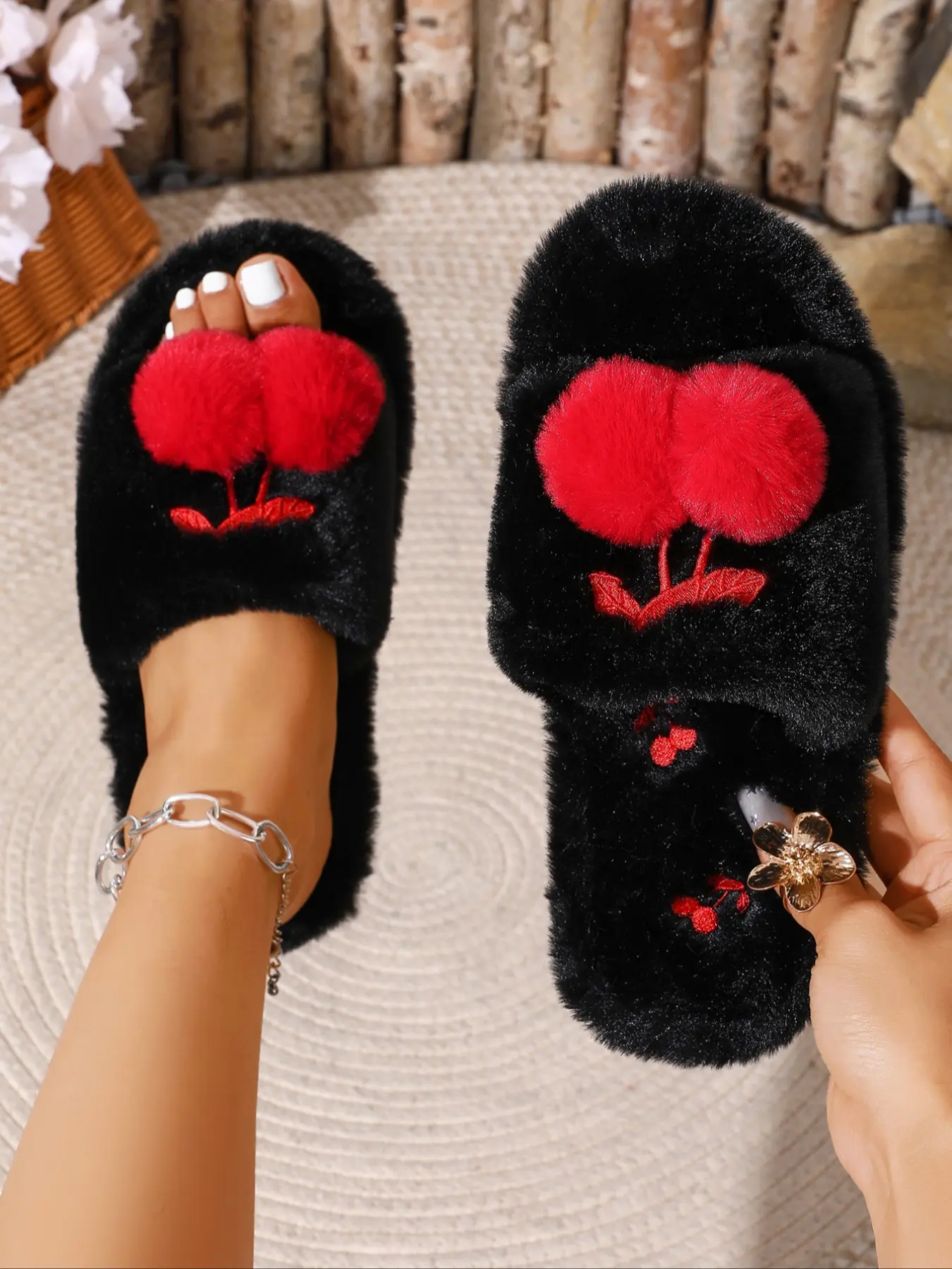 Women's Fuzzy Open Toe Single Strap Slippers, Cherry Pom-pom & Embroidery Design, Non-slip Sole, Warm Comfy Cozy House Slippers Indoor Shoes for Home & Office Use Footwear