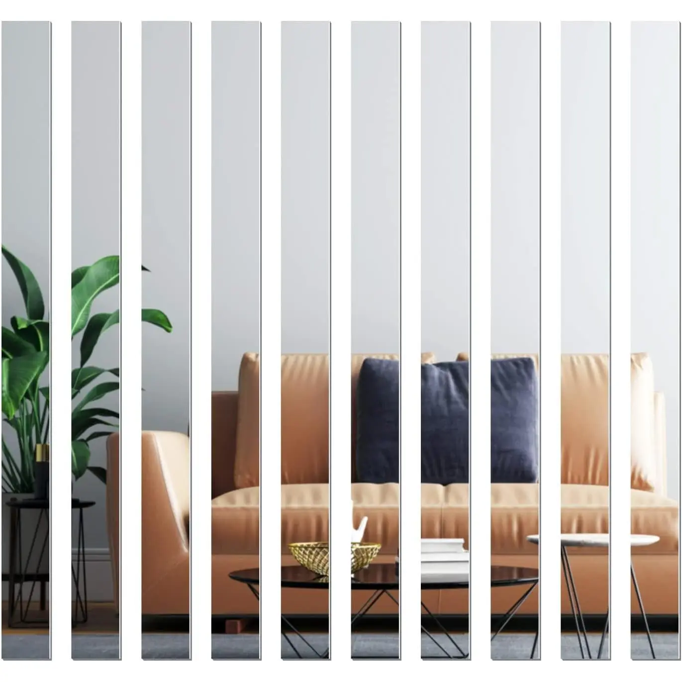 Mirror Tiles, 2''x20''Mirror Tiles Self Adhesive Stripe Wall Mirror Stickers (Not Glass) Removable Long Acrylic Frameless Mirror Sheets for Home Living Room Bedroom DIY Decor (10Pcs)