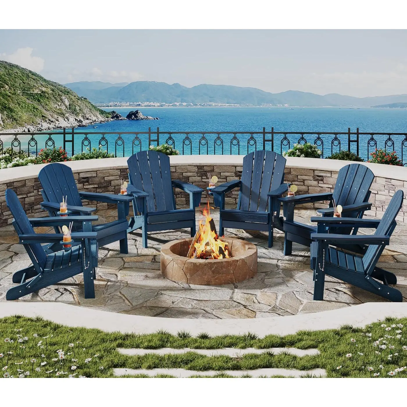 Garvee All-Weather Folding Adirondack Patio Chair Set with Side Table, HDPE Plastic with Wood-Look Texture, Built-In Cup Holder, Water-Resistant Outdoor Lounge Seating for Deck/Garden/Fire Pit - Navy Blue, 2 Chairs + Table
