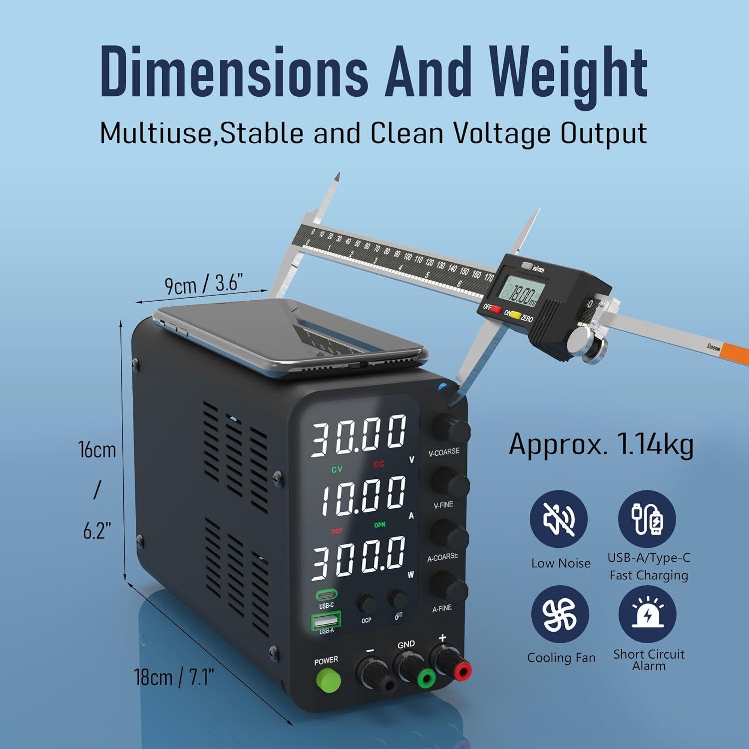 DC Power  Variable, 0-32V 0-10A Switching Bench Power  with 20W USB & Type-C Quick-Charge, Encoder Corase & Fine Adjustment Knob, Output , 4-Digit LED Display - SPS-3010V