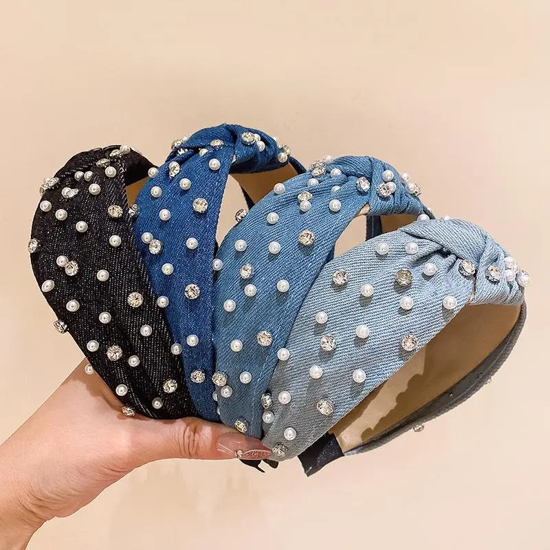 Fashion Denim Blue Knotted Wide Headbands for Women Rhinestone Pearl Decor Trendy Versatile Hair Hoops Daily Casual Hair Accessories