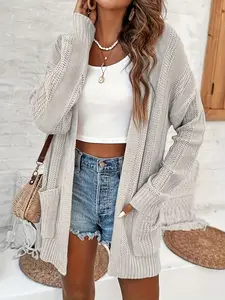 Women's Solid Open Front Cable Knit Cardigan, Casual Long Sleeve Cardigan Sweater for Daily Wear, Ladies Knit Clothing for All Seasons, Tops