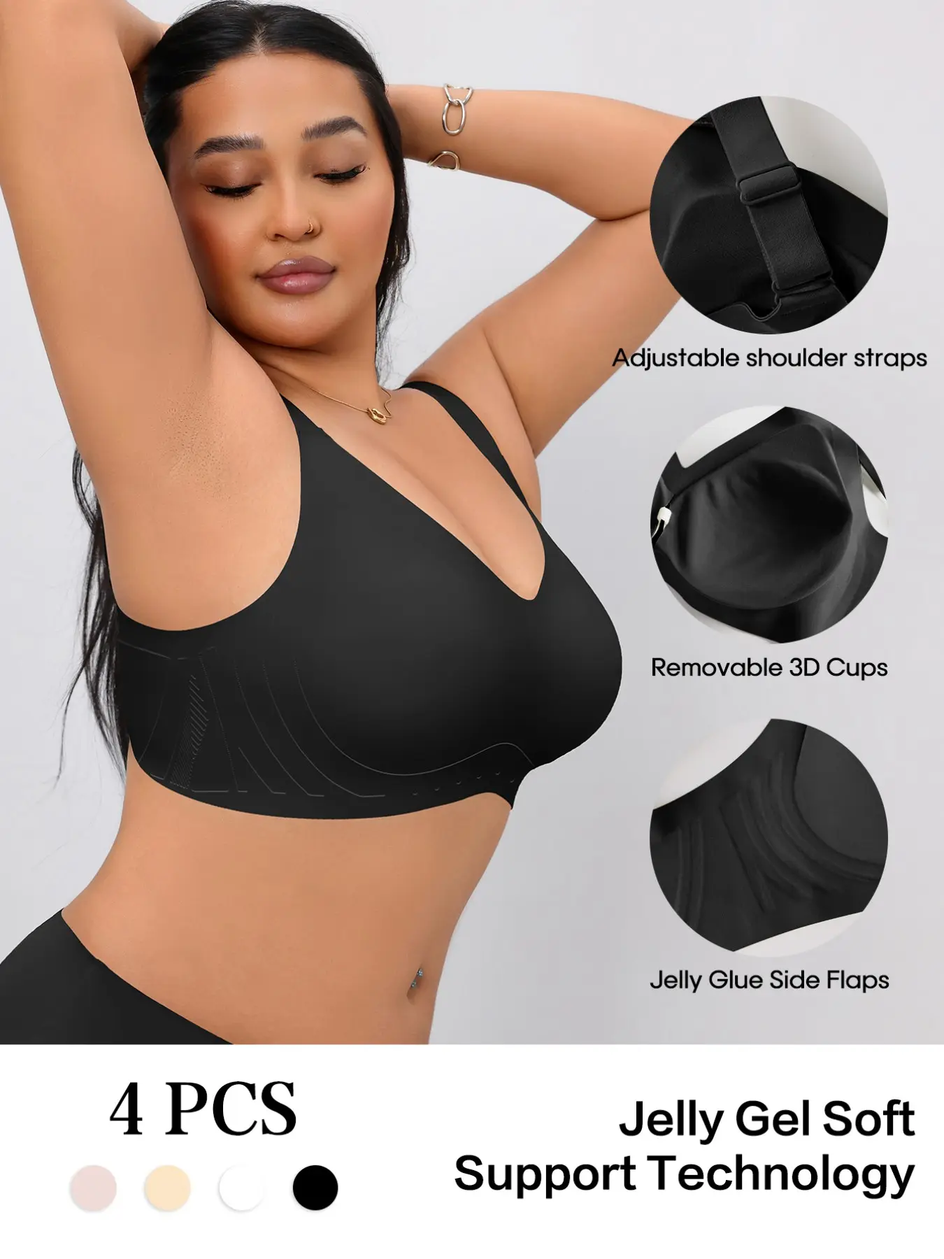 1/4 Pack Plus Size Seamless V Neck Wireless Bra, Jelly Gel Side Medium Soft Support, Gentle Bust Lift Anti Sag, Widened Adjustable Straps, 4-Row Multi Hook Wide U Shaped Back, Removable 3D Cups All Day Daily Comfort Underwear