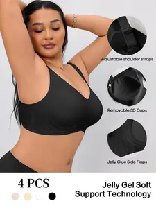 1/4 Pack Plus Size Seamless V Neck Wireless Bra, Jelly Gel Side Medium Soft Support, Gentle Bust Lift Anti Sag, Widened Adjustable Straps, 4-Row Multi Hook Wide U Shaped Back, Removable 3D Cups All Day Daily Comfort Underwear