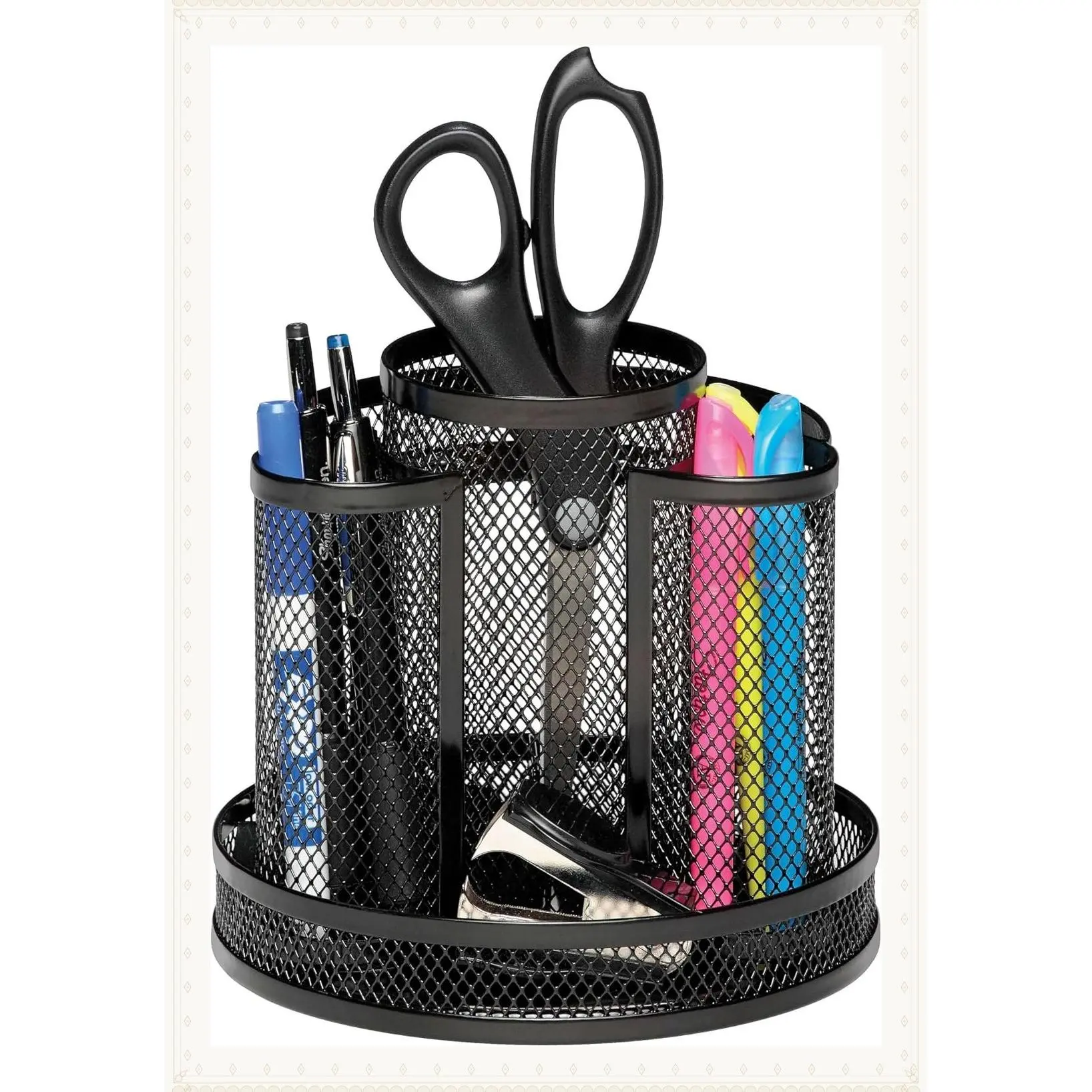 Rotating Mesh Desk Organizer with Spinning Pencil Holder, Black Office Supply Caddy for Teacher Essentials, 6.5" x 6.5" x 6.25"Gift