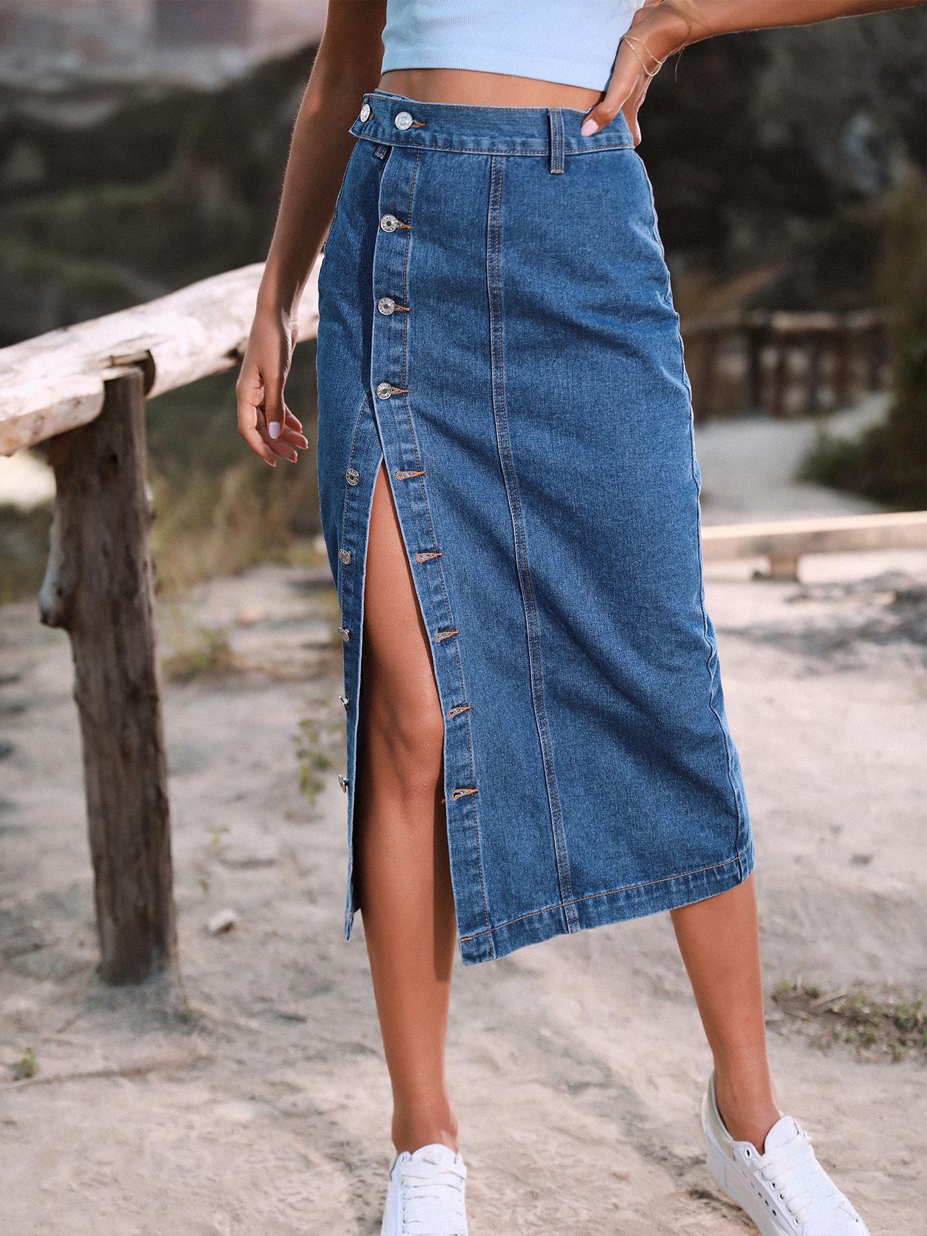 Women's clothing European and American INS irregular split denim high waist skirt