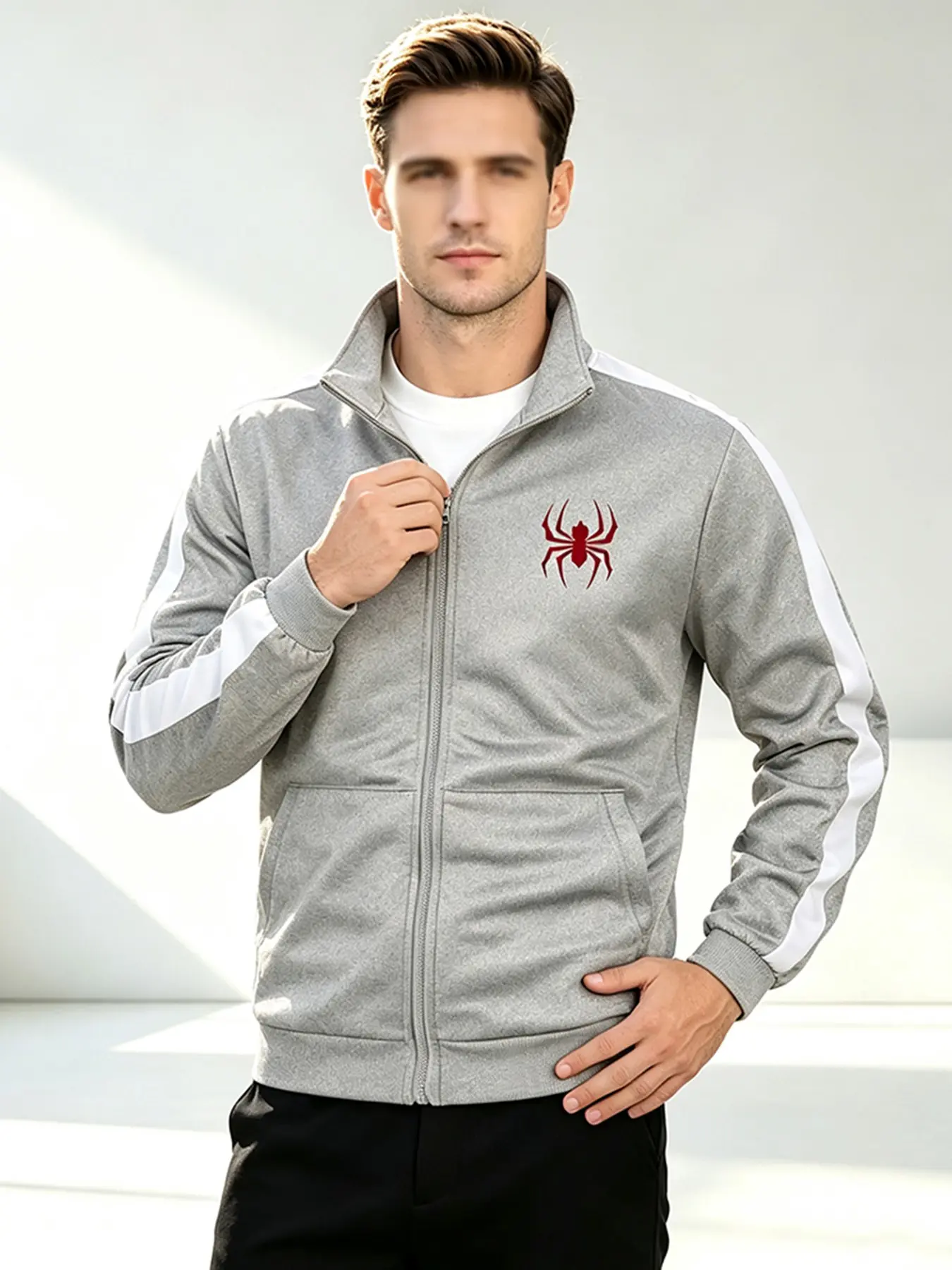 Men's Stand Collar Full Zip Track Jacket Spider Print Contrast Side Stripe Casual Sports Long Sleeve Coat for Fall Spring Daily Athletic Training Wear Zippered Sports Jacket