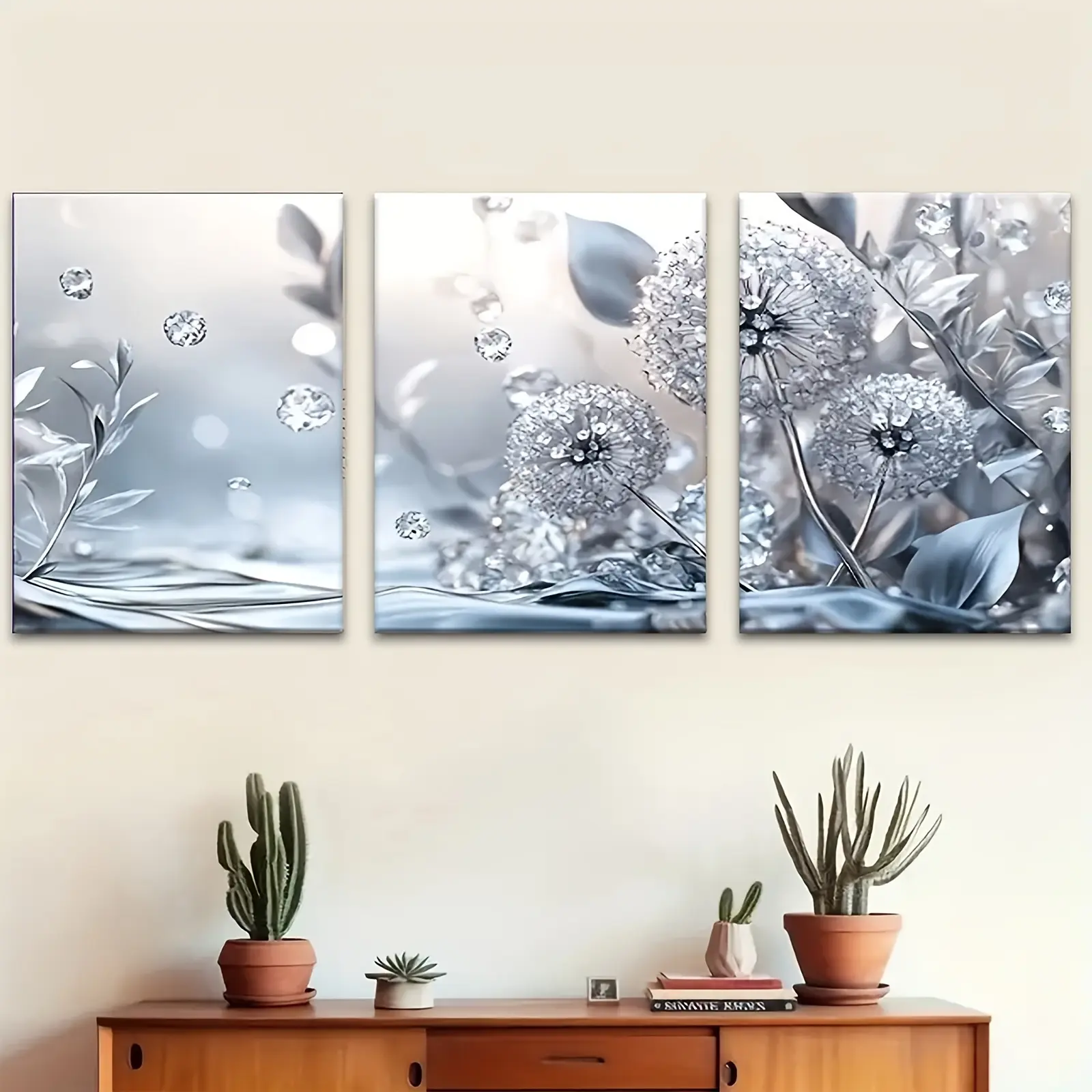 2D 3pcs Modern Silver Floral Canvas Painting, Room Decoration-Wall Decoration-Bathroom Decoration and Accessories-Home Decoration-Home Decor and Accessories-Bathroom Decoration-Artistic Abstract Posters and Prints, for Living Room Decoration