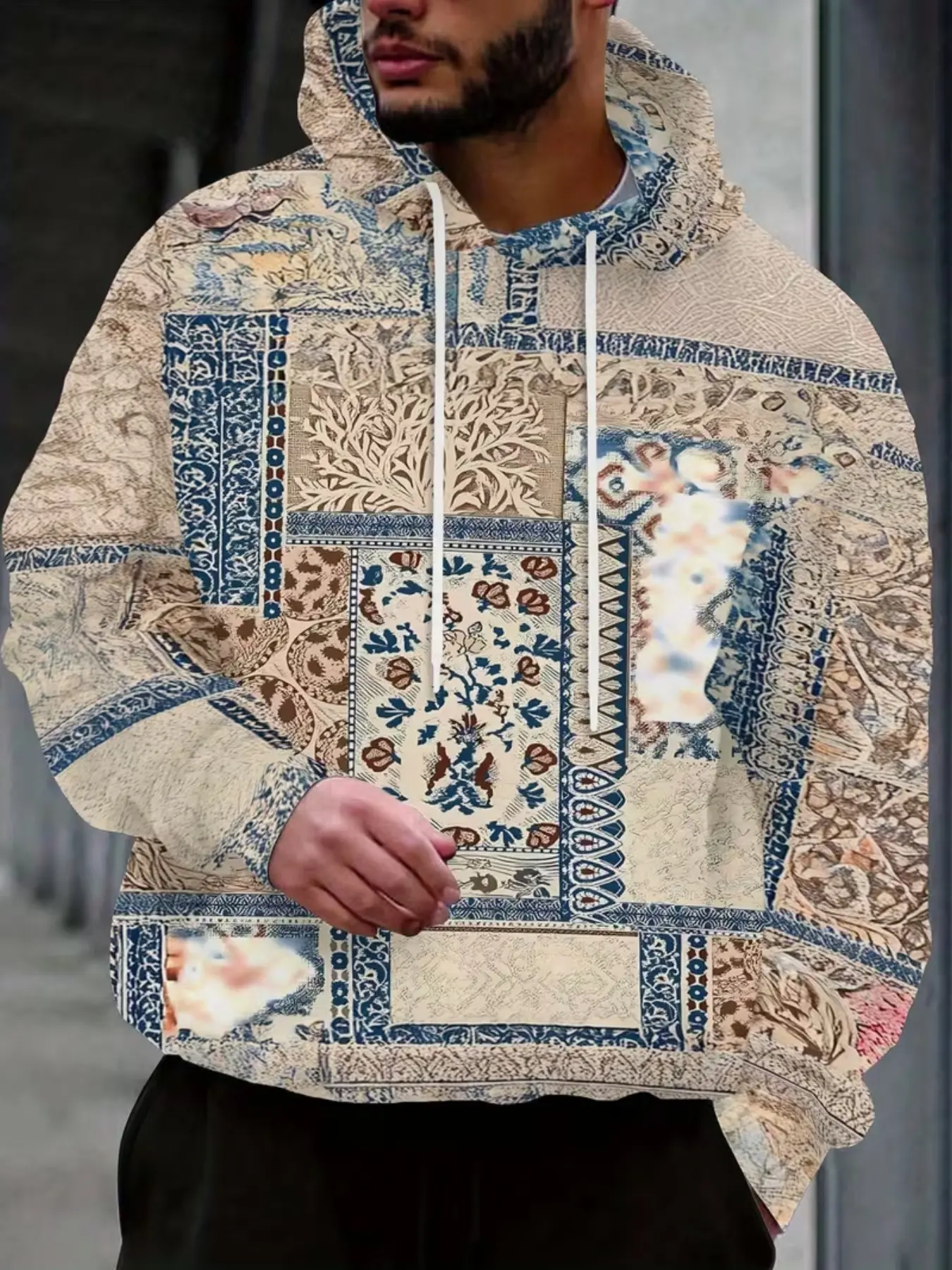 Men's Vintage Ethnic Patchwork Print Hoodie, Drawstring Long Sleeve Sweatshirt, Loose Fit Casual Streetwear with Pockets