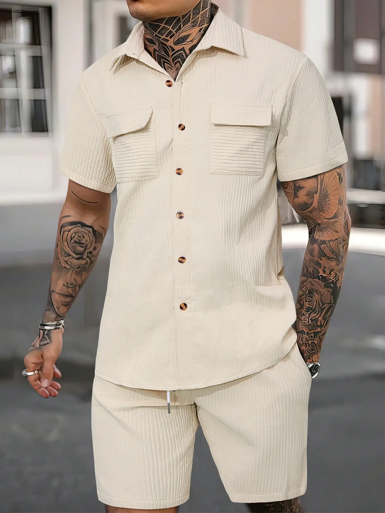 Trendy Men's Beige Ribbed Two-Piece Outfit: Short Sleeve Shirt (with Chest Pockets) & Drawstring Waist Shorts Set - Comfortable Relaxed Fit for Casual Summer Daily Wear